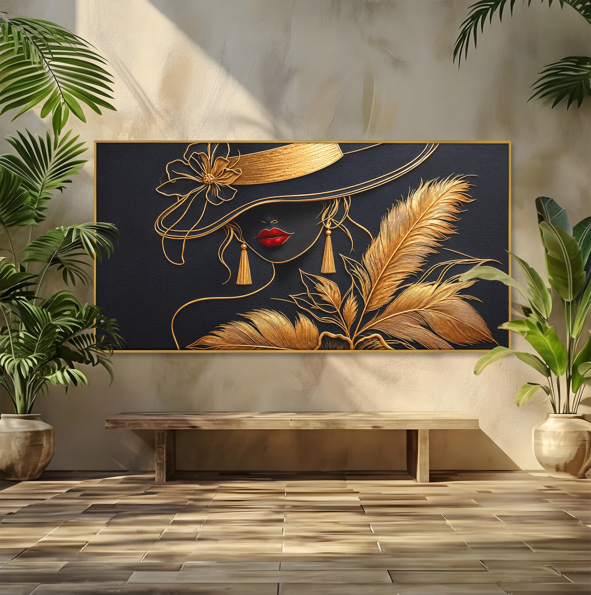 Tablou Canvas Premium LuxCanva® U1229, Misterioasa In Aur, Femeie, Eleganta, Moda, Portret, Dormitor, Birou, Culori Vibrante