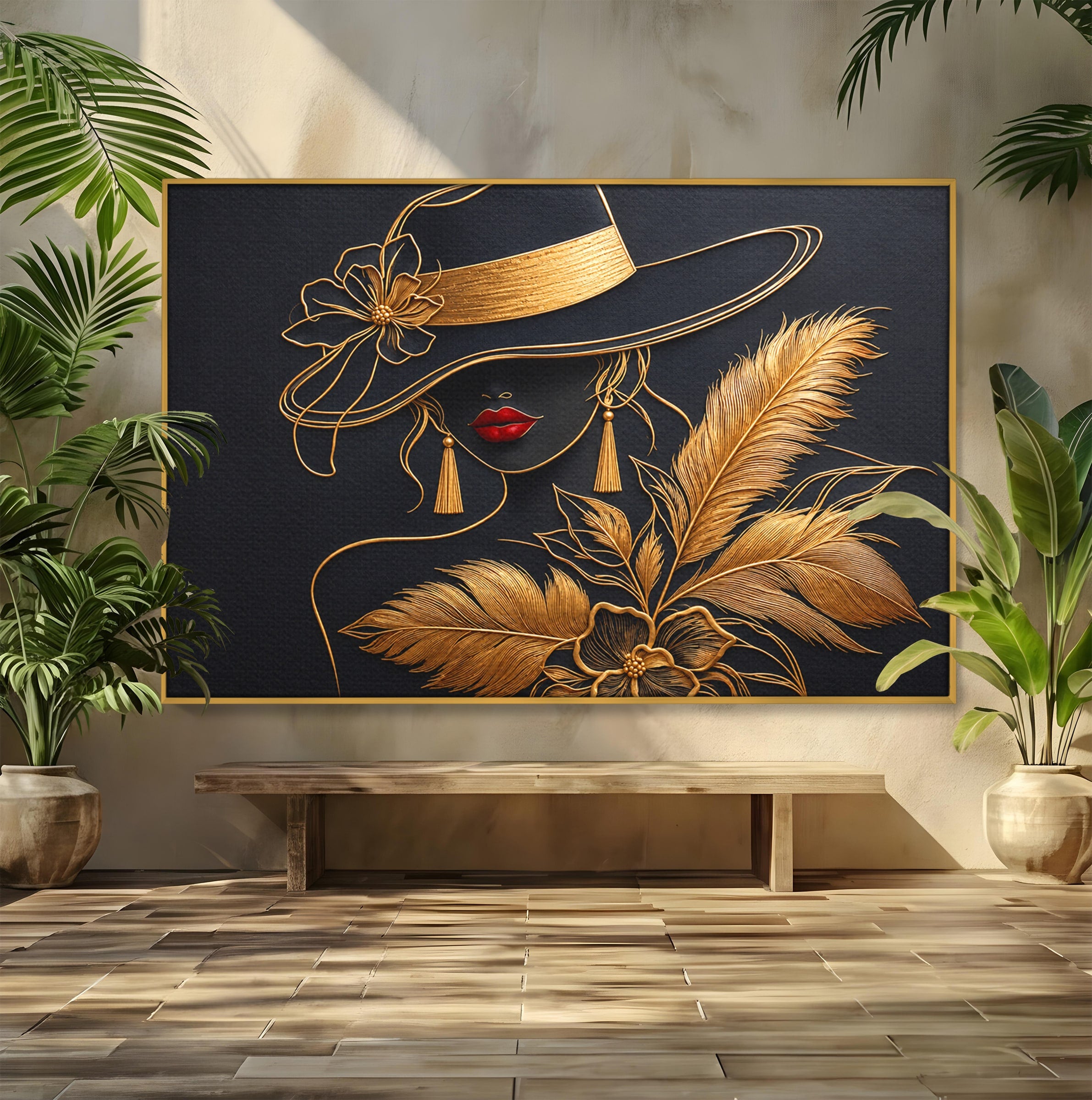 Tablou Canvas Premium LuxCanva® U1229, Misterioasa In Aur, Femeie, Eleganta, Moda, Portret, Dormitor, Birou, Culori Vibrante