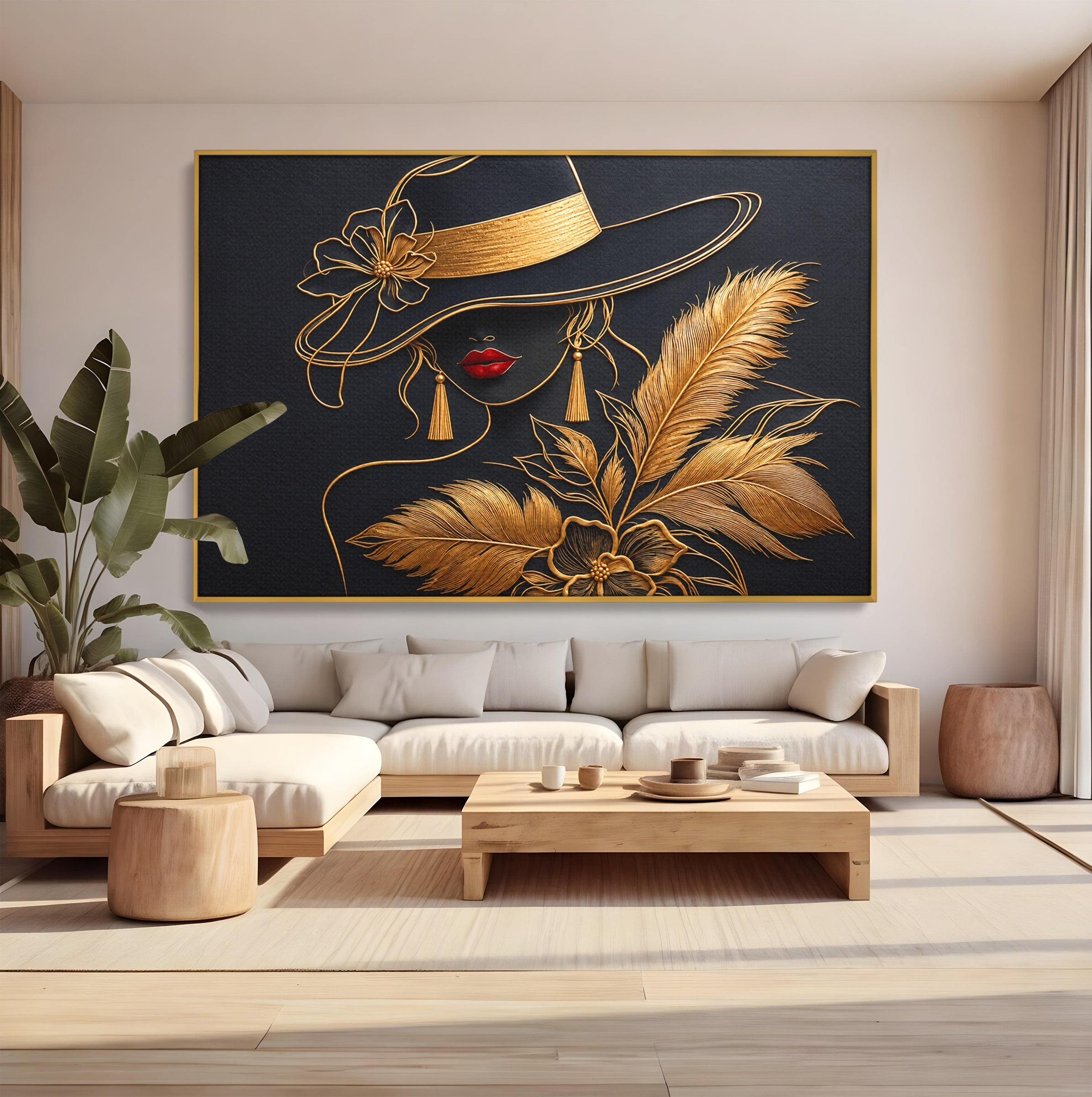 Tablou Canvas Premium LuxCanva® U1229, Misterioasa In Aur, Femeie, Eleganta, Moda, Portret, Dormitor, Birou, Culori Vibrante