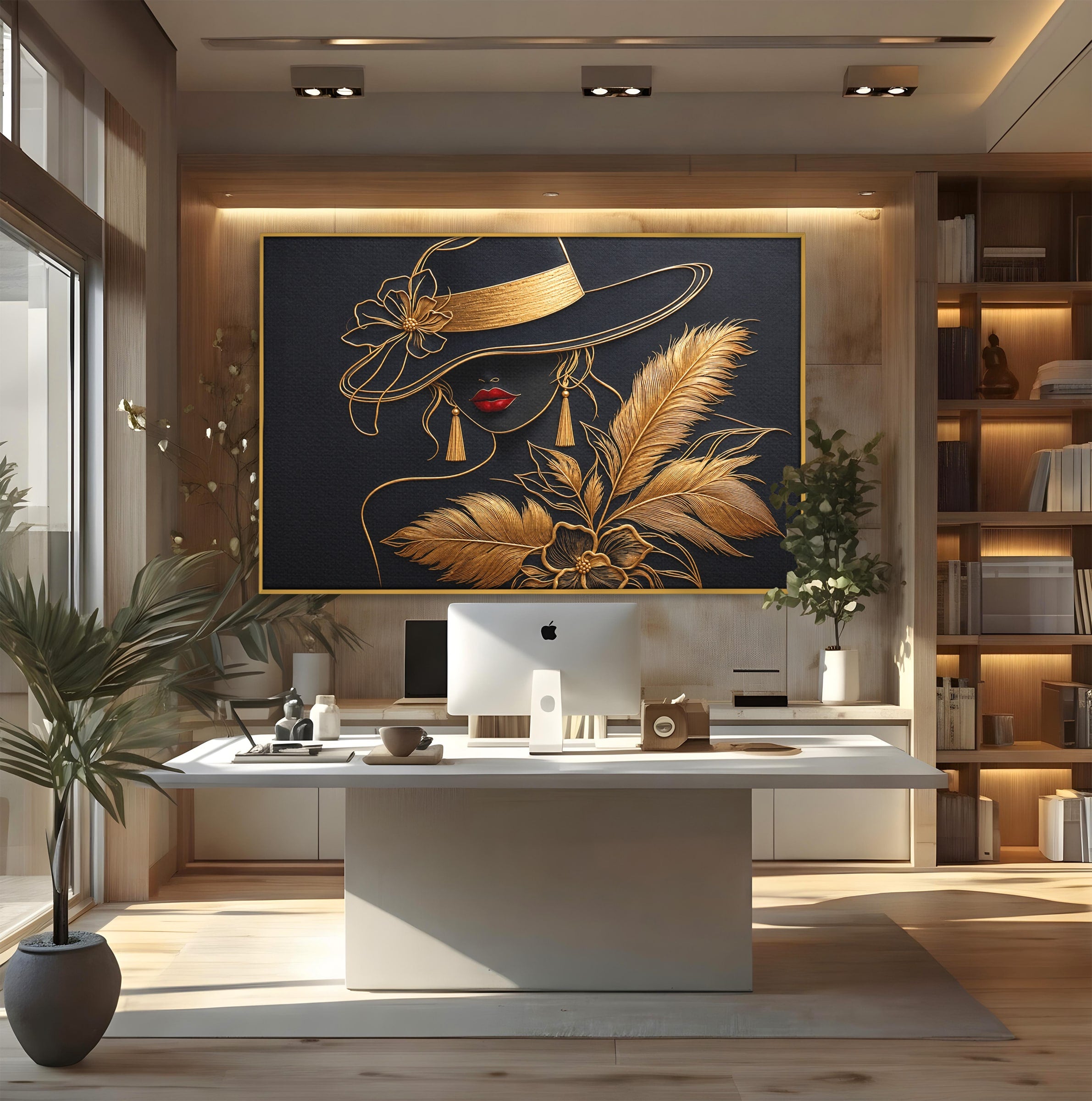 Tablou Canvas Premium LuxCanva® U1229, Misterioasa In Aur, Femeie, Eleganta, Moda, Portret, Dormitor, Birou, Culori Vibrante
