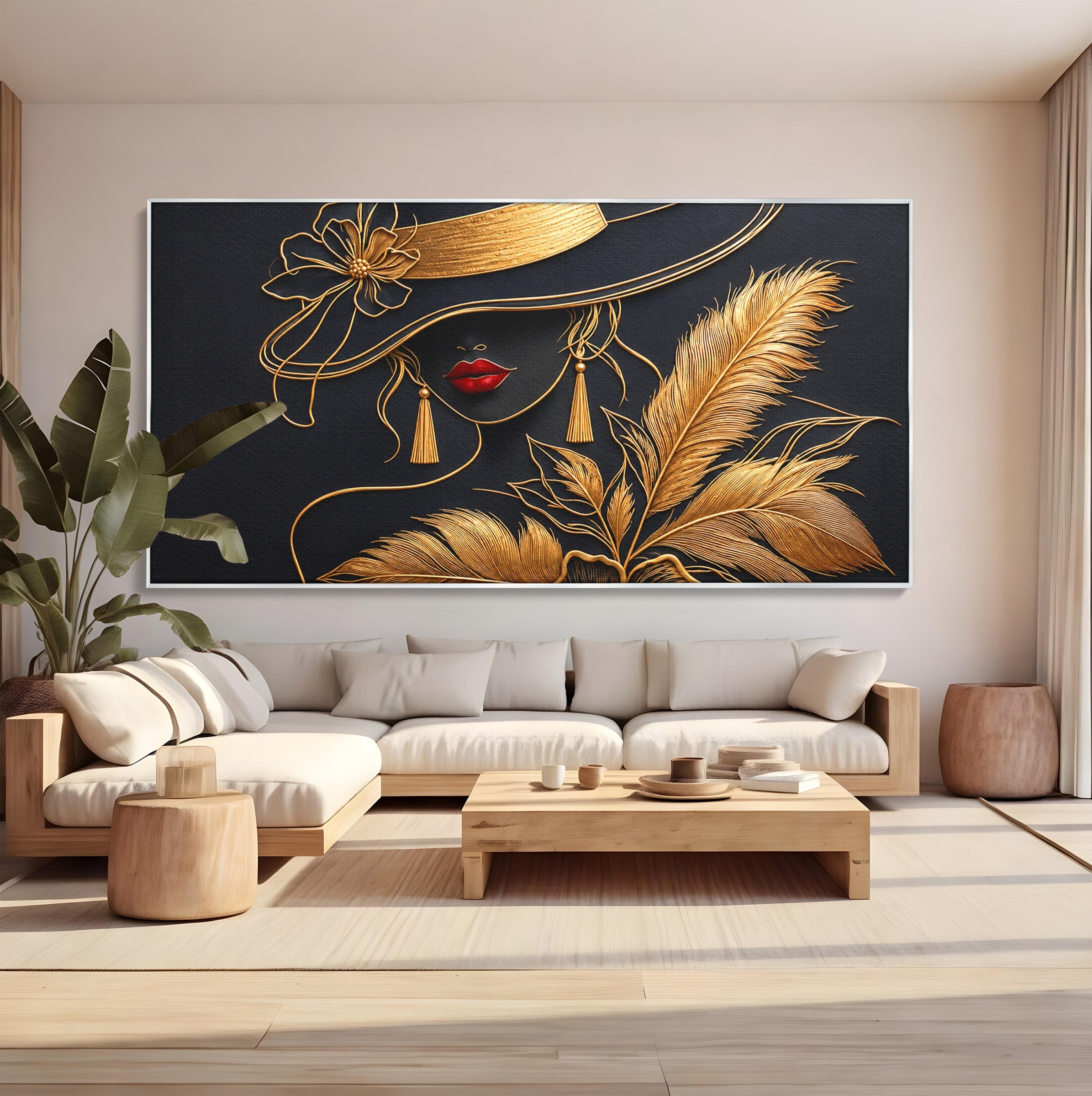 Tablou Canvas Premium LuxCanva® U1229, Misterioasa In Aur, Femeie, Eleganta, Moda, Portret, Dormitor, Birou, Culori Vibrante