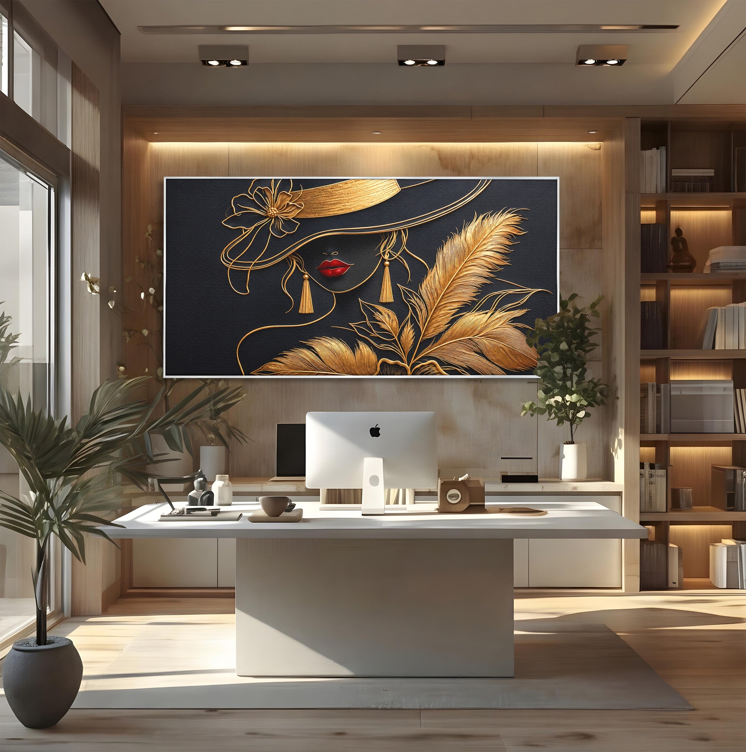 Tablou Canvas Premium LuxCanva® U1229, Misterioasa In Aur, Femeie, Eleganta, Moda, Portret, Dormitor, Birou, Culori Vibrante