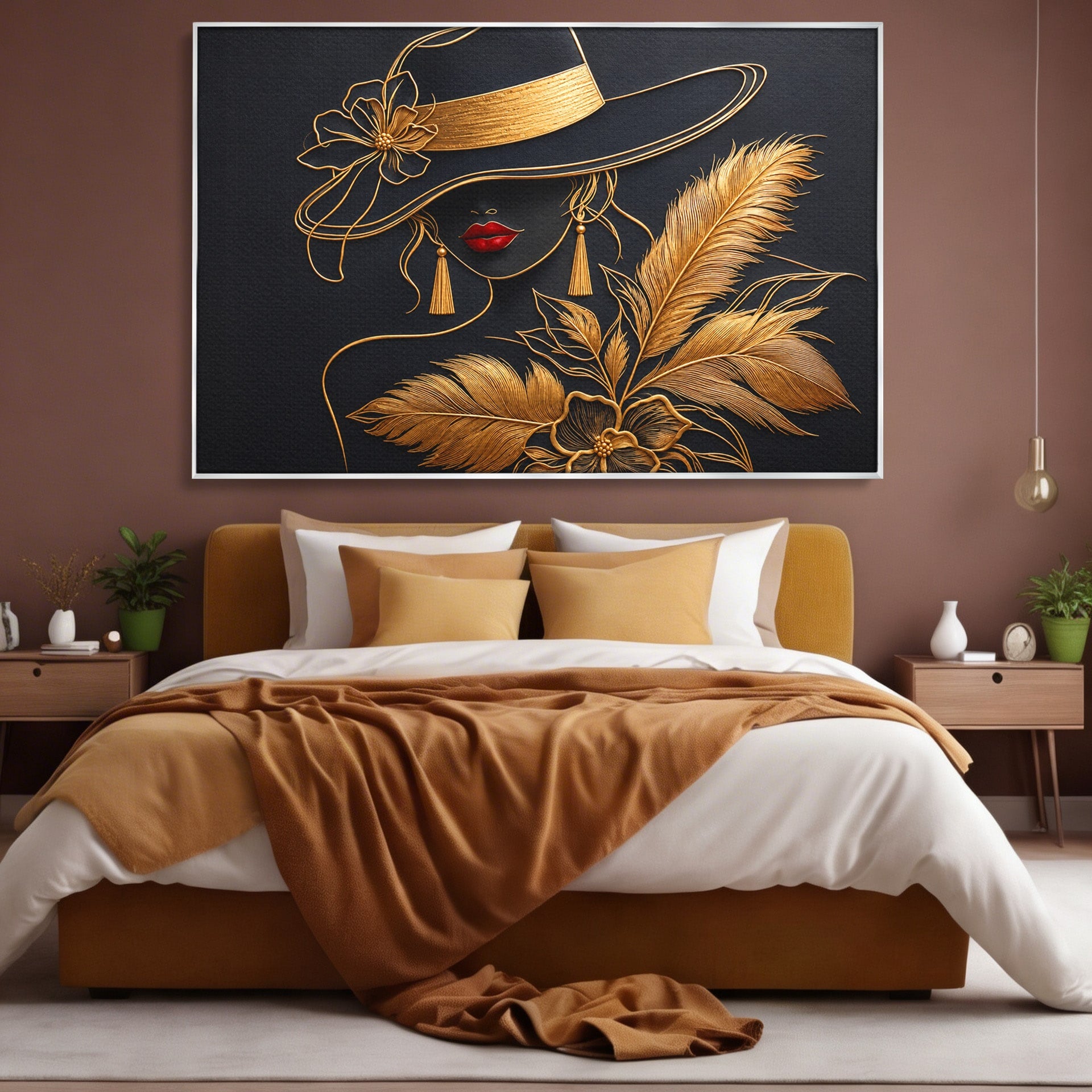 Tablou Canvas Premium LuxCanva® U1229, Misterioasa In Aur, Femeie, Eleganta, Moda, Portret, Dormitor, Birou, Culori Vibrante