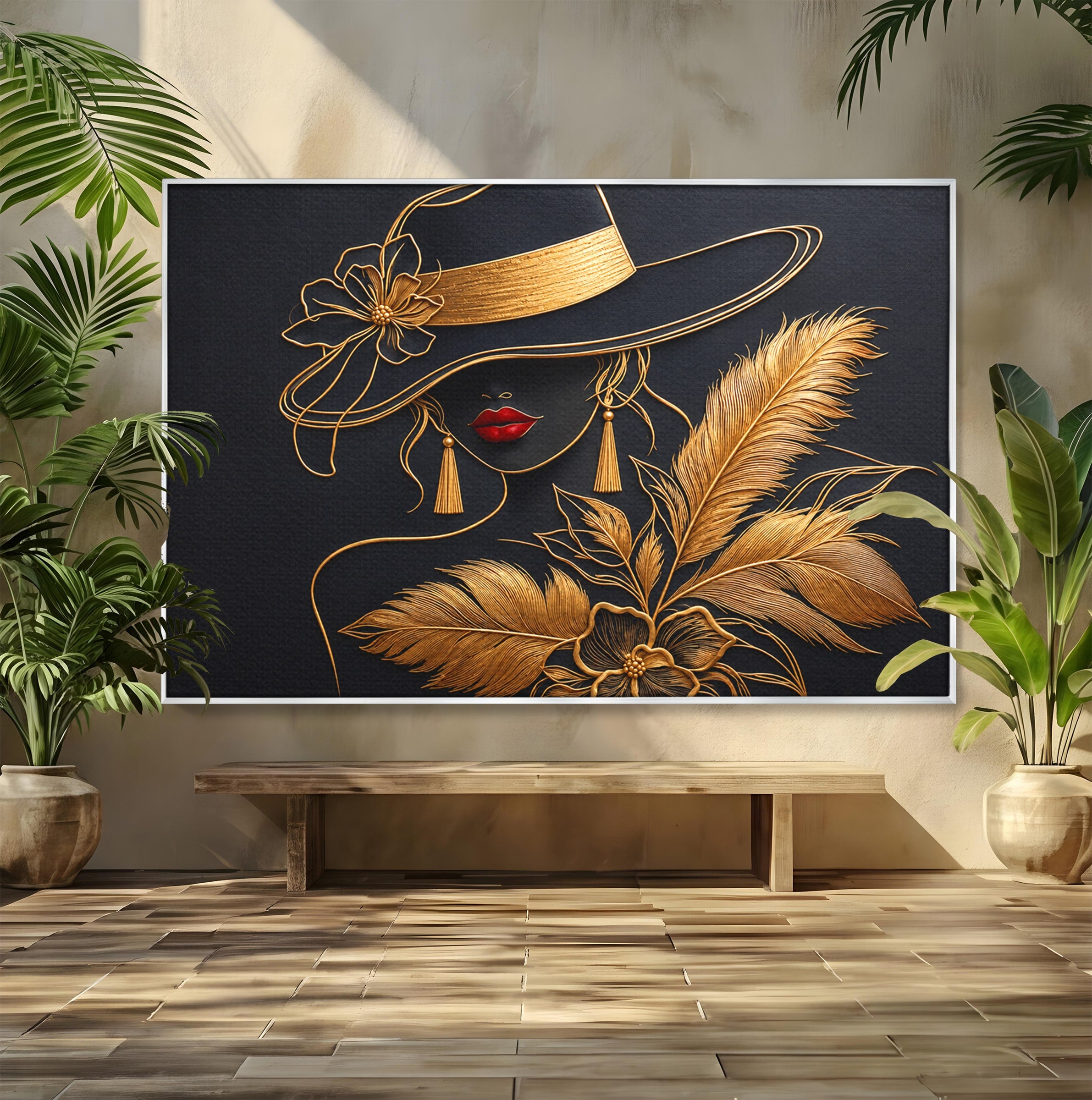 Tablou Canvas Premium LuxCanva® U1229, Misterioasa In Aur, Femeie, Eleganta, Moda, Portret, Dormitor, Birou, Culori Vibrante