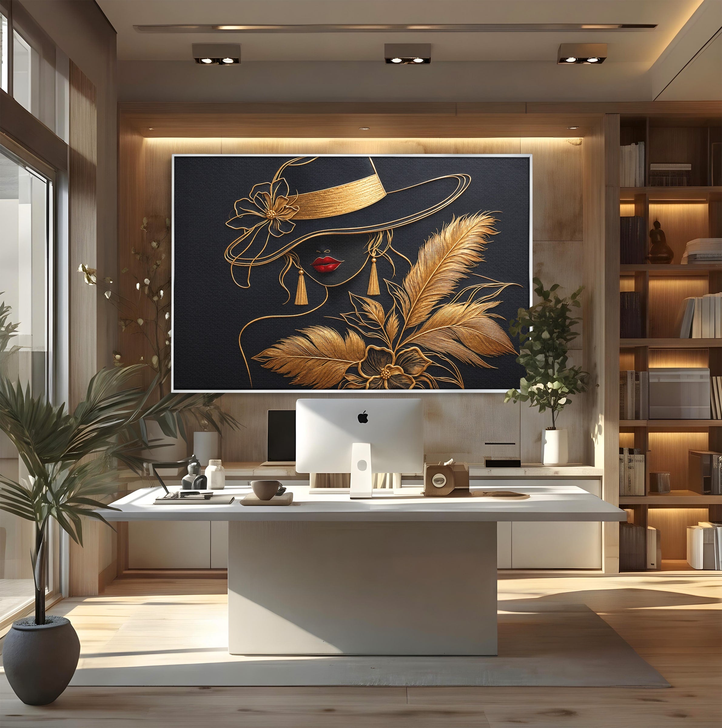 Tablou Canvas Premium LuxCanva® U1229, Misterioasa In Aur, Femeie, Eleganta, Moda, Portret, Dormitor, Birou, Culori Vibrante