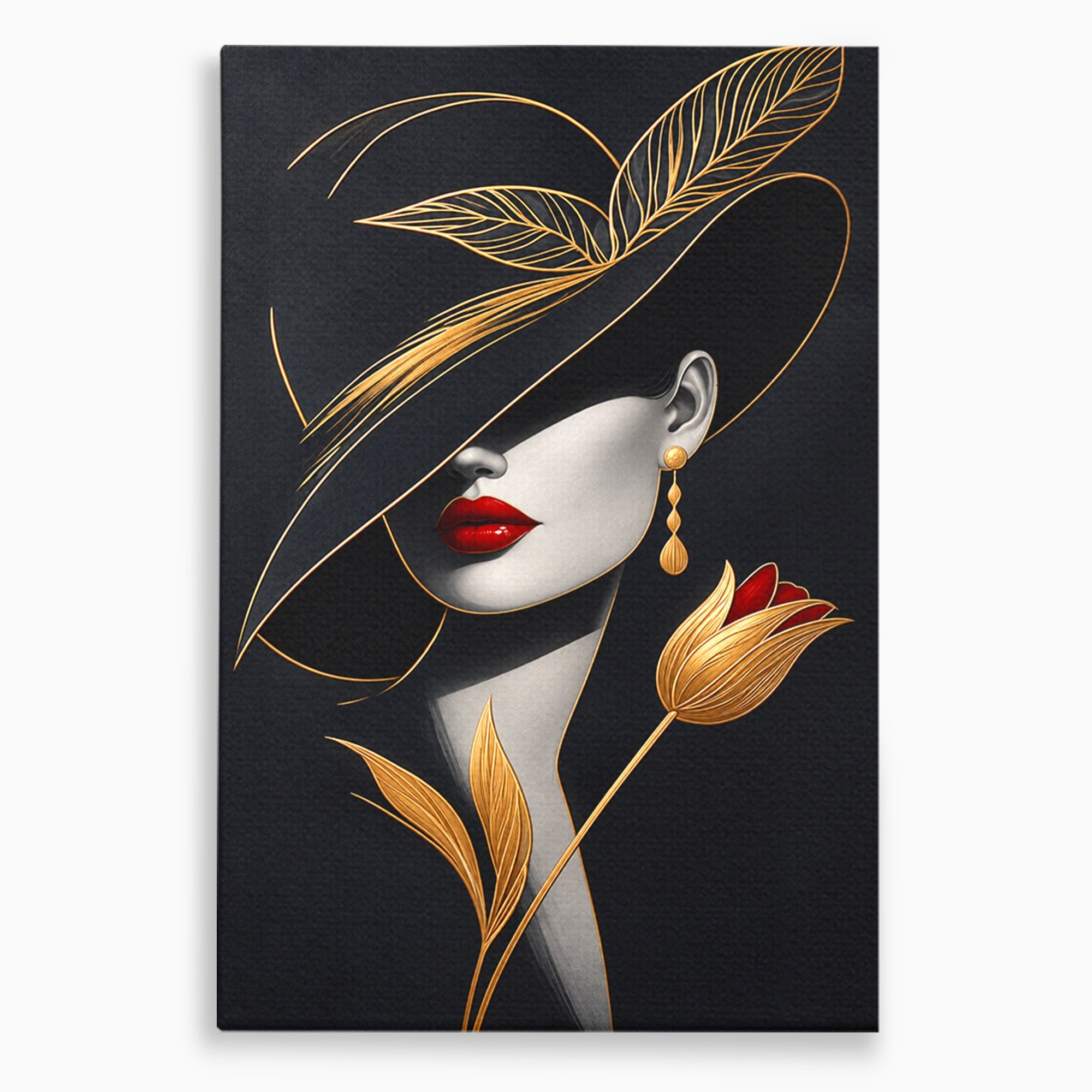 Tablou Canvas Premium LuxCanva® U1230, Seductie Sub Palarie, Femeie, Moda, Eleganta, Portret, Dormitor, Birou, Culori Vibrante