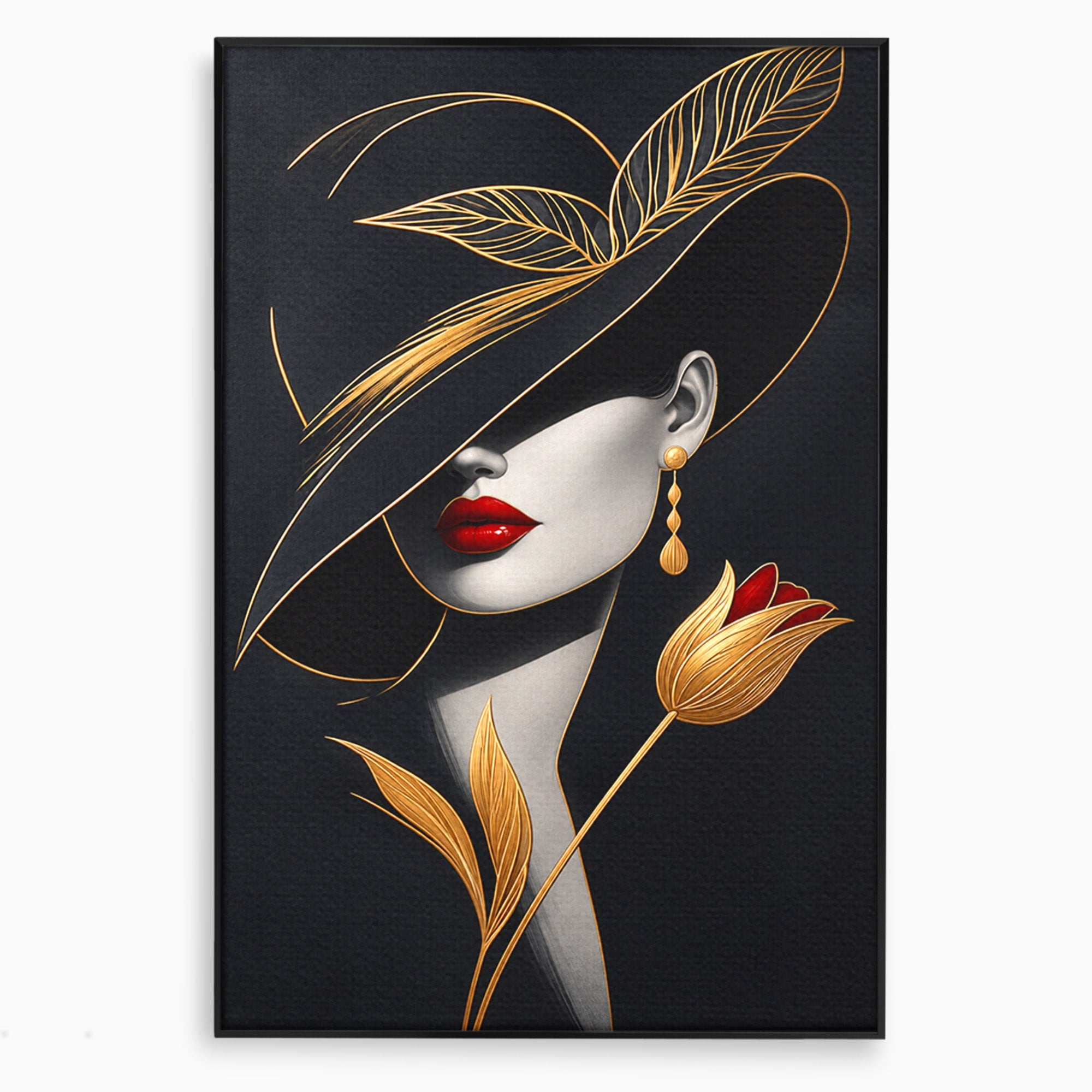 Tablou Canvas Premium LuxCanva® U1230, Seductie Sub Palarie, Femeie, Moda, Eleganta, Portret, Dormitor, Birou, Culori Vibrante