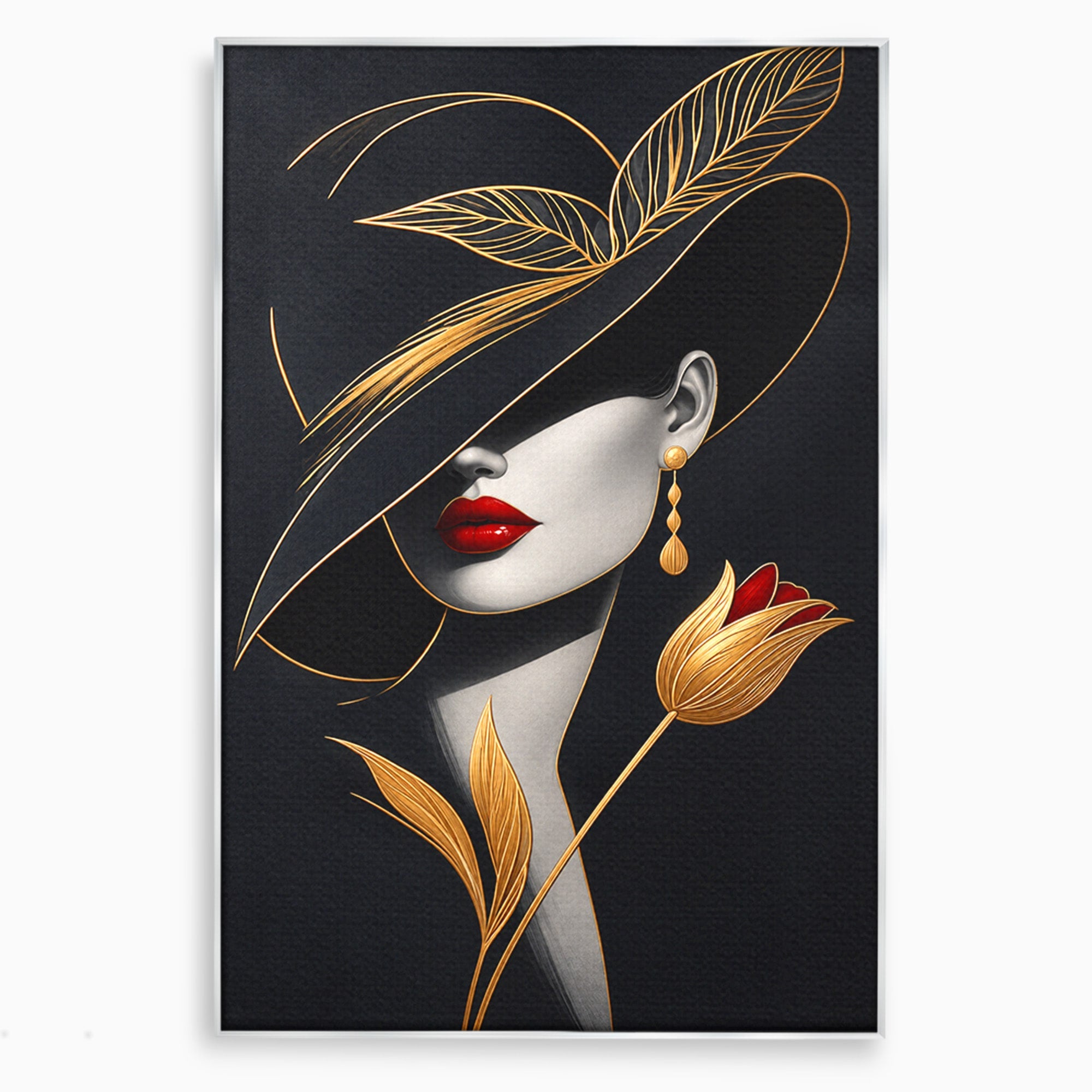 Tablou Canvas Premium LuxCanva® U1230, Seductie Sub Palarie, Femeie, Moda, Eleganta, Portret, Dormitor, Birou, Culori Vibrante