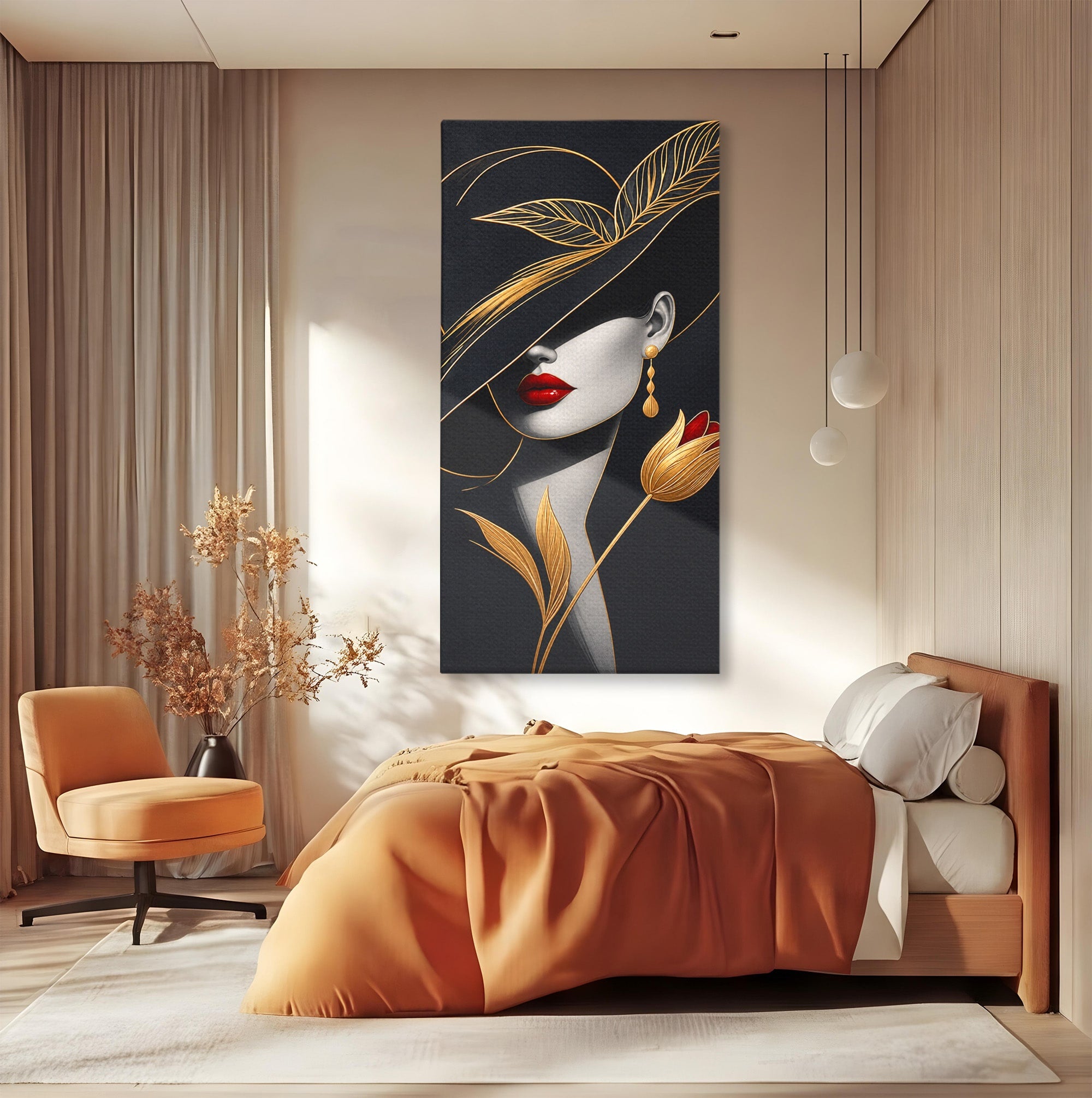 Tablou Canvas Premium LuxCanva® U1230, Seductie Sub Palarie, Femeie, Moda, Eleganta, Portret, Dormitor, Birou, Culori Vibrante