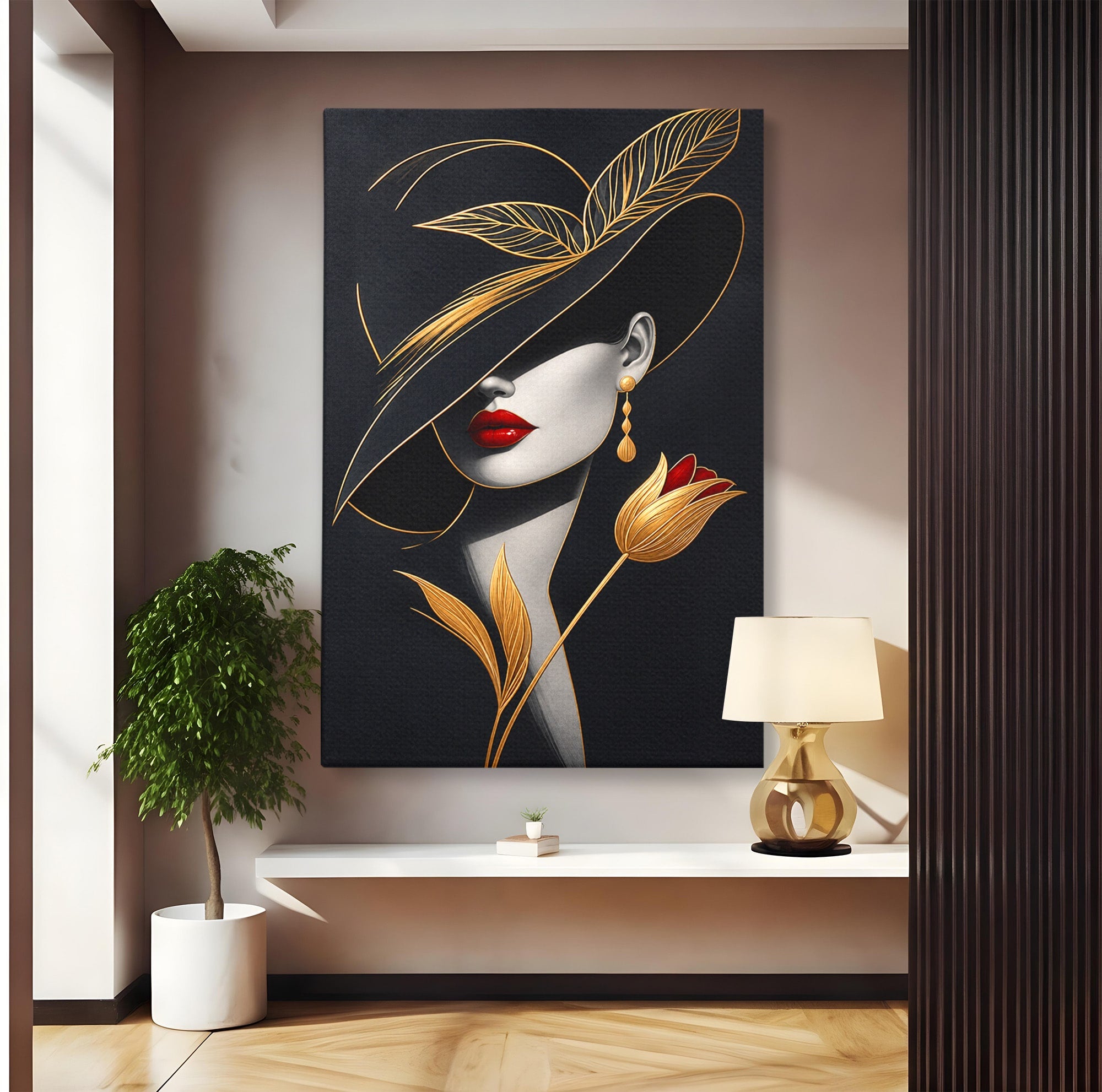 Tablou Canvas Premium LuxCanva® U1230, Seductie Sub Palarie, Femeie, Moda, Eleganta, Portret, Dormitor, Birou, Culori Vibrante