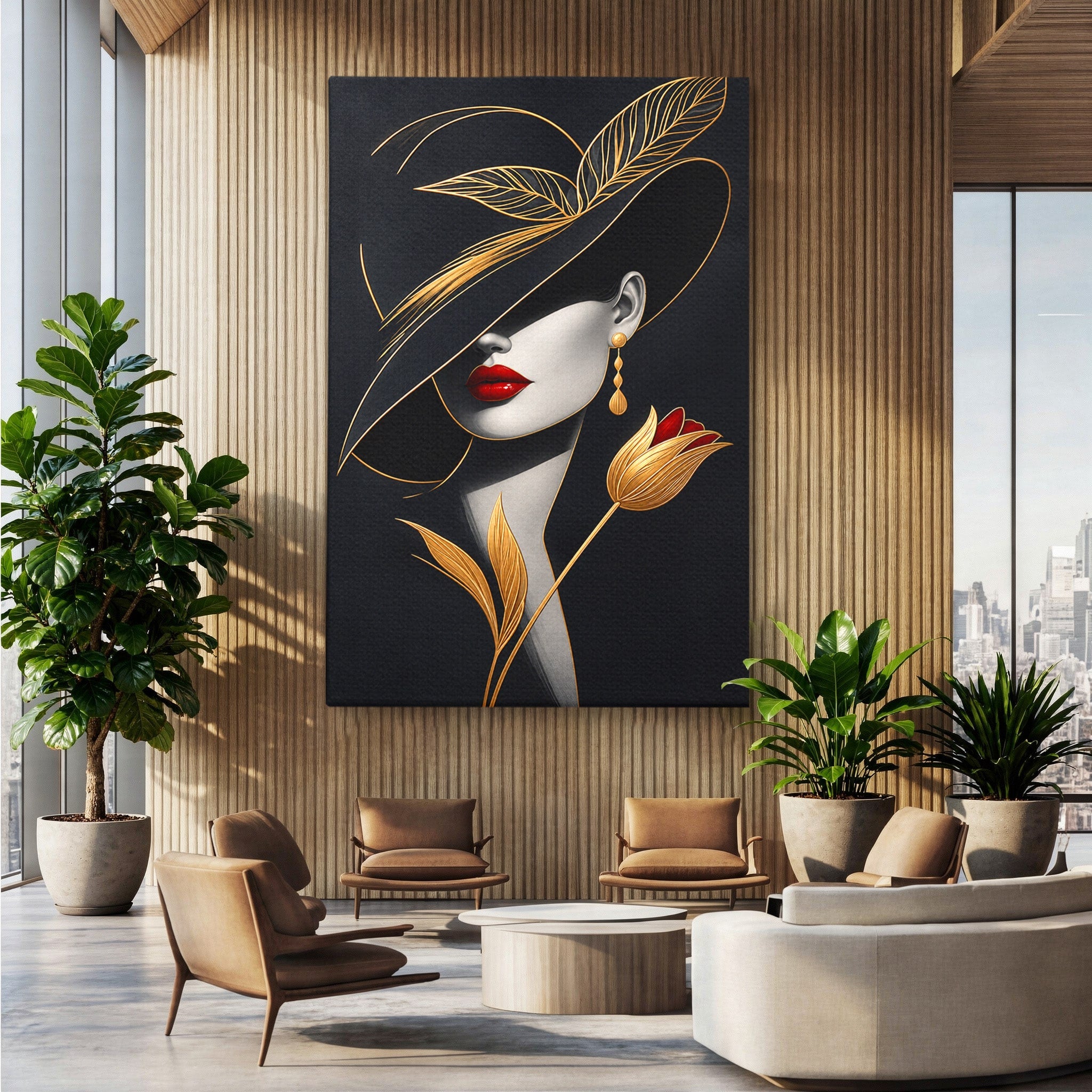 Tablou Canvas Premium LuxCanva® U1230, Seductie Sub Palarie, Femeie, Moda, Eleganta, Portret, Dormitor, Birou, Culori Vibrante