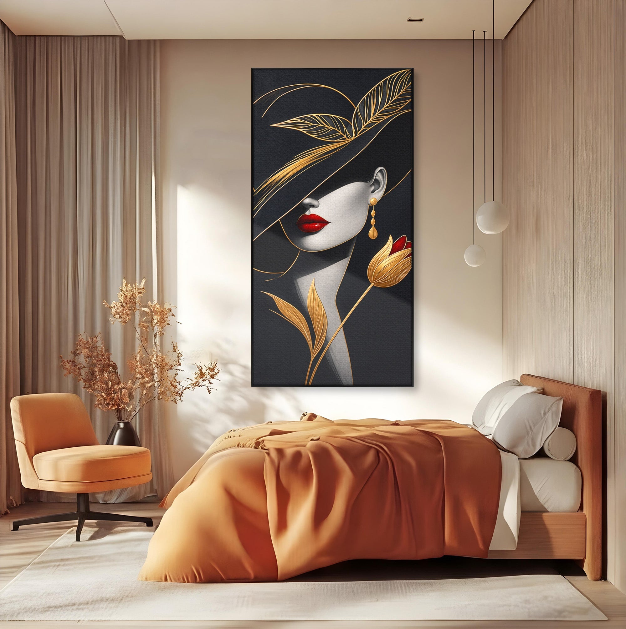 Tablou Canvas Premium LuxCanva® U1230, Seductie Sub Palarie, Femeie, Moda, Eleganta, Portret, Dormitor, Birou, Culori Vibrante