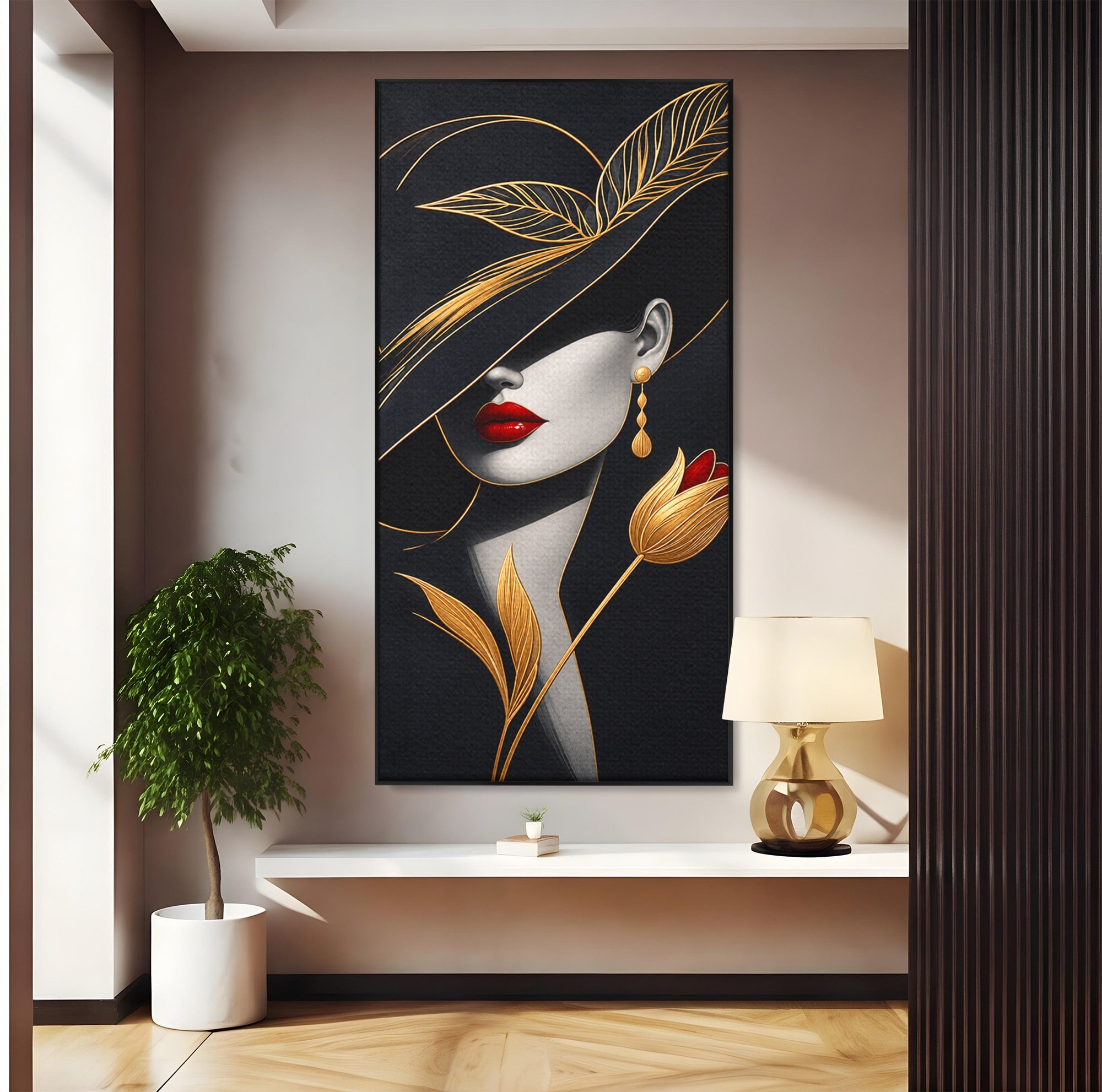 Tablou Canvas Premium LuxCanva® U1230, Seductie Sub Palarie, Femeie, Moda, Eleganta, Portret, Dormitor, Birou, Culori Vibrante