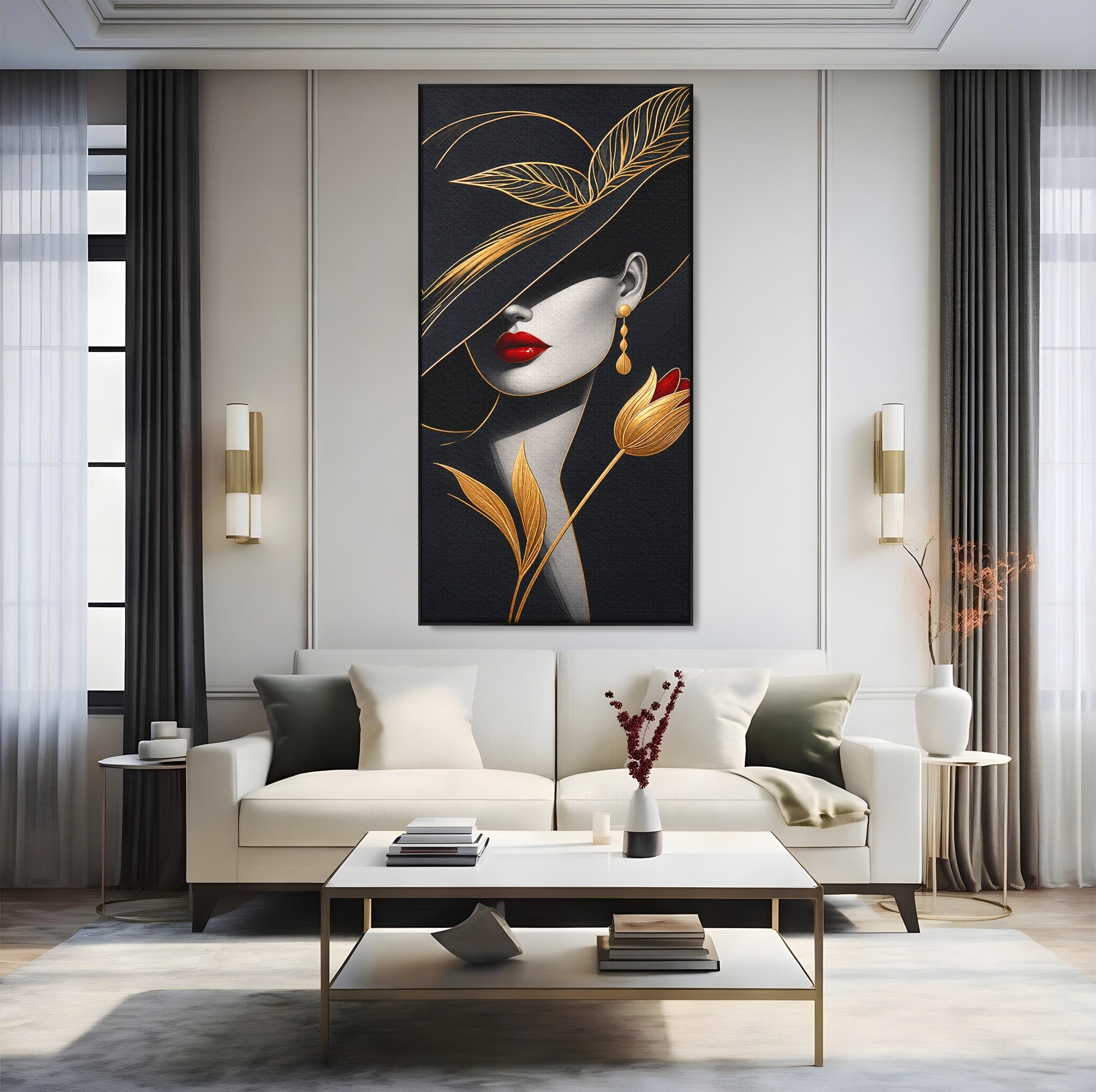 Tablou Canvas Premium LuxCanva® U1230, Seductie Sub Palarie, Femeie, Moda, Eleganta, Portret, Dormitor, Birou, Culori Vibrante