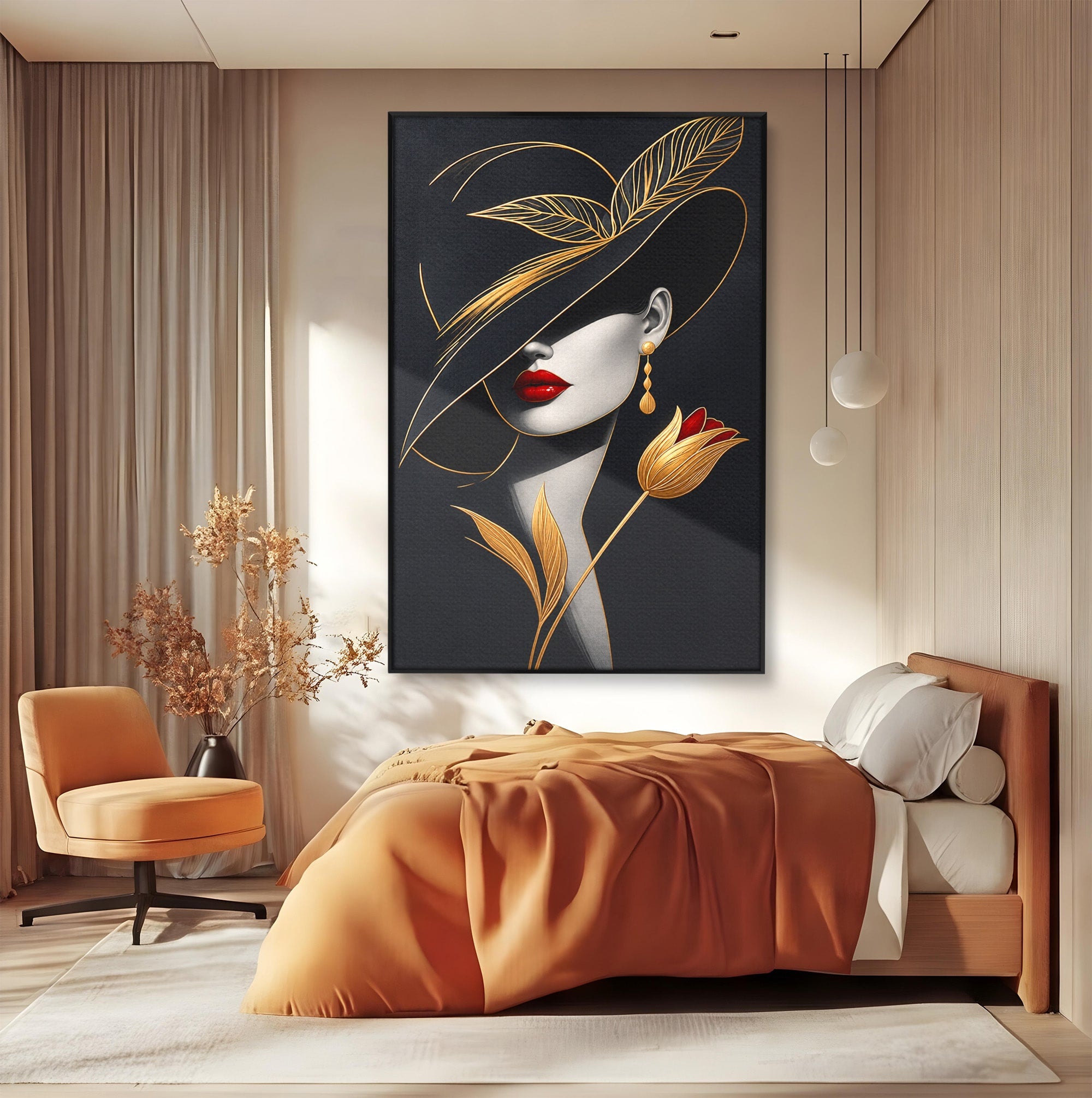Tablou Canvas Premium LuxCanva® U1230, Seductie Sub Palarie, Femeie, Moda, Eleganta, Portret, Dormitor, Birou, Culori Vibrante