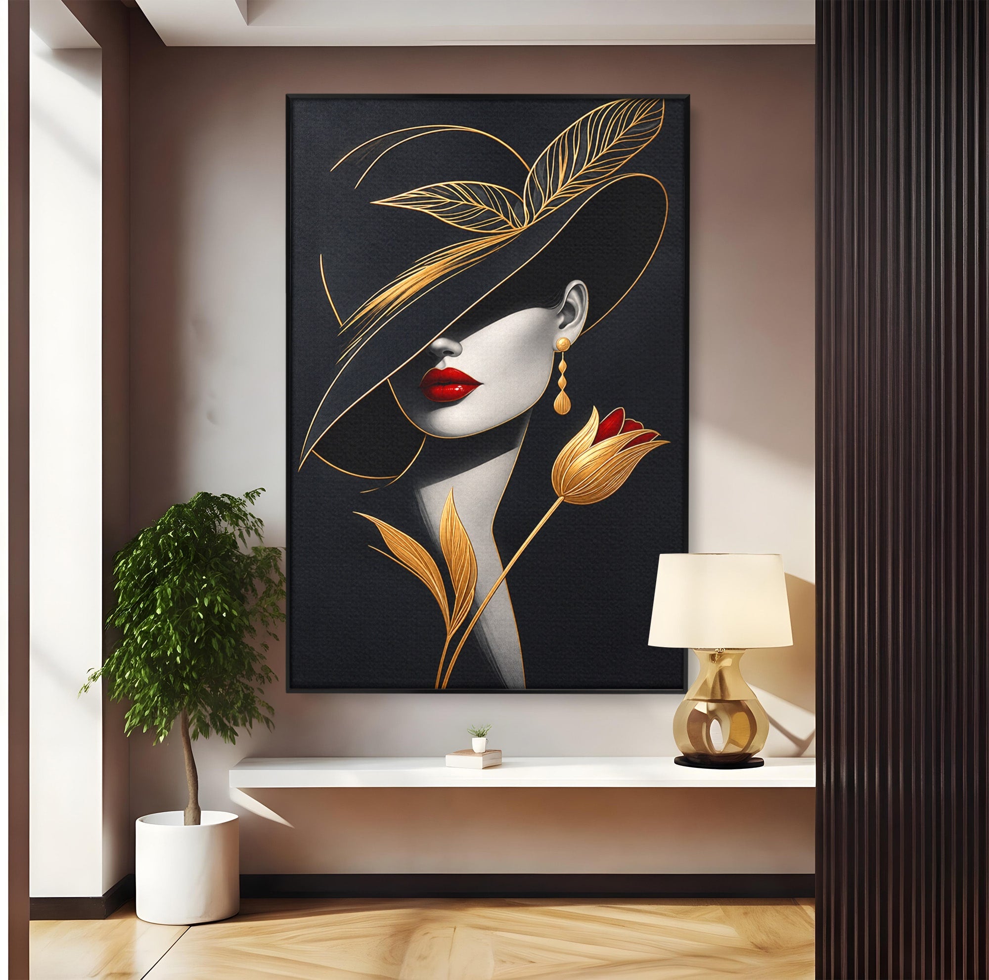 Tablou Canvas Premium LuxCanva® U1230, Seductie Sub Palarie, Femeie, Moda, Eleganta, Portret, Dormitor, Birou, Culori Vibrante