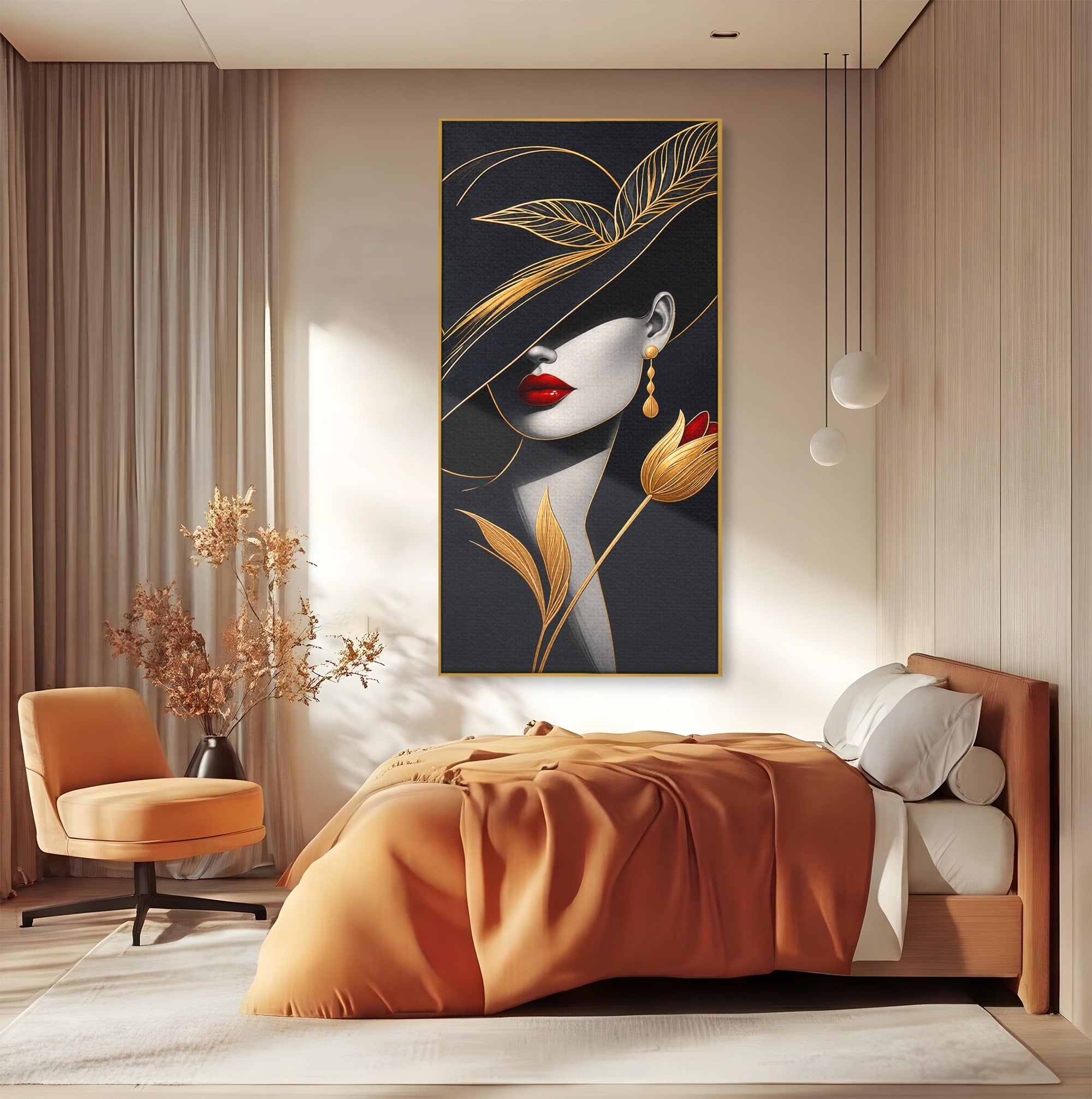 Tablou Canvas Premium LuxCanva® U1230, Seductie Sub Palarie, Femeie, Moda, Eleganta, Portret, Dormitor, Birou, Culori Vibrante