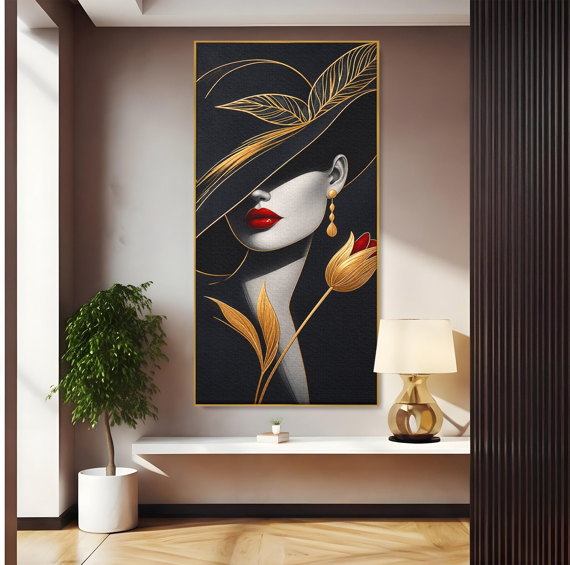 Tablou Canvas Premium LuxCanva® U1230, Seductie Sub Palarie, Femeie, Moda, Eleganta, Portret, Dormitor, Birou, Culori Vibrante