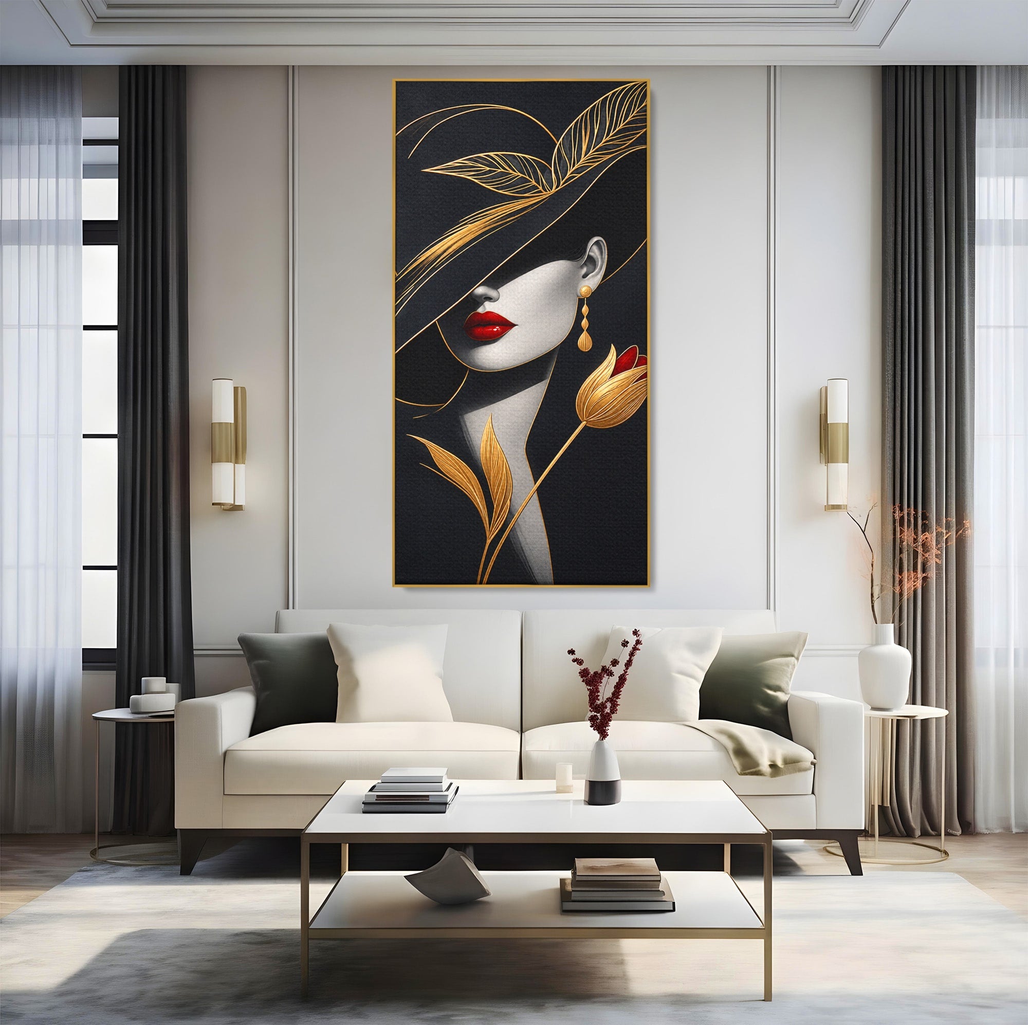 Tablou Canvas Premium LuxCanva® U1230, Seductie Sub Palarie, Femeie, Moda, Eleganta, Portret, Dormitor, Birou, Culori Vibrante