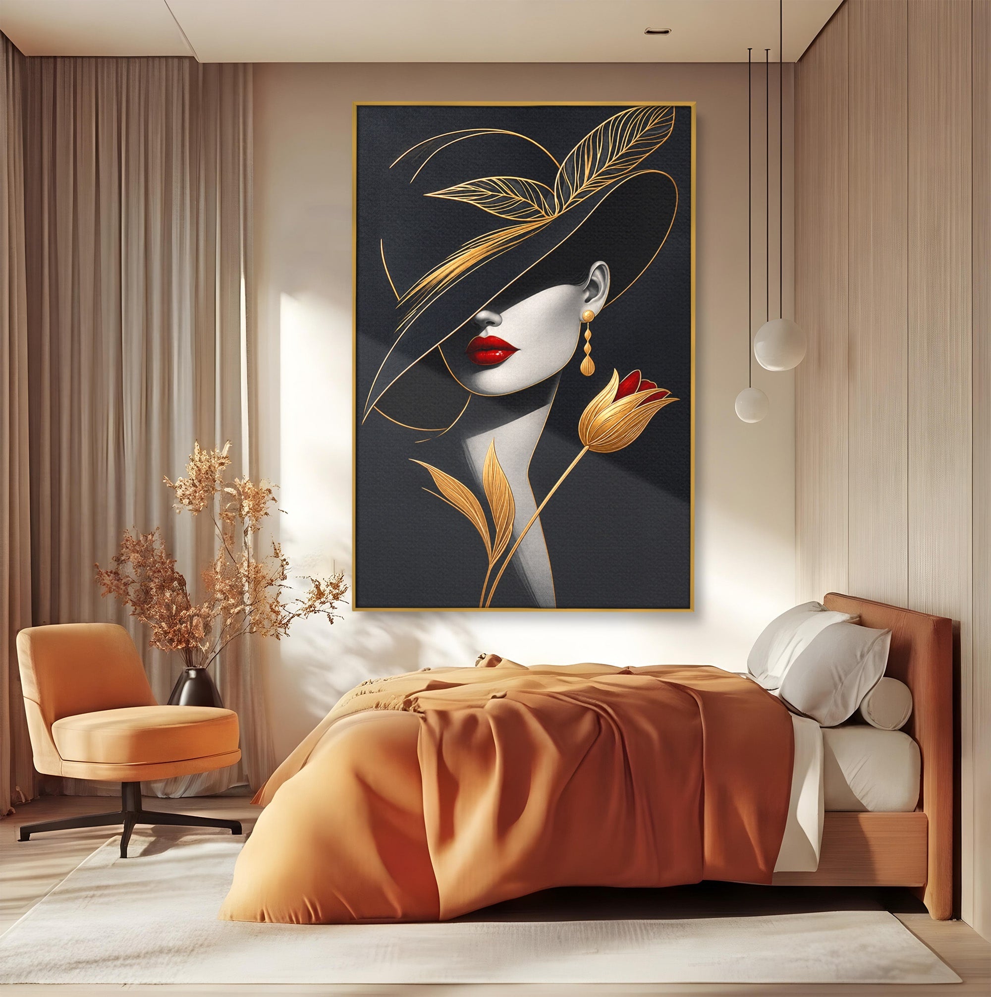Tablou Canvas Premium LuxCanva® U1230, Seductie Sub Palarie, Femeie, Moda, Eleganta, Portret, Dormitor, Birou, Culori Vibrante