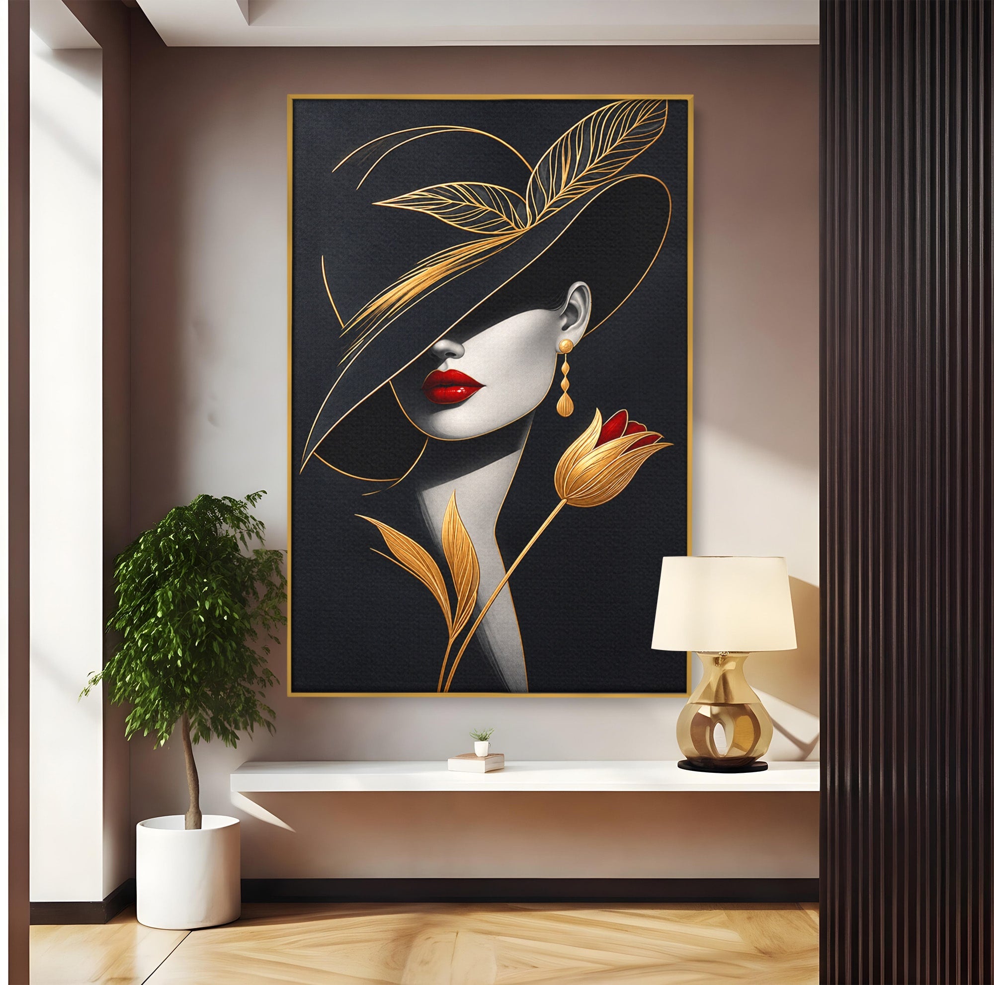 Tablou Canvas Premium LuxCanva® U1230, Seductie Sub Palarie, Femeie, Moda, Eleganta, Portret, Dormitor, Birou, Culori Vibrante