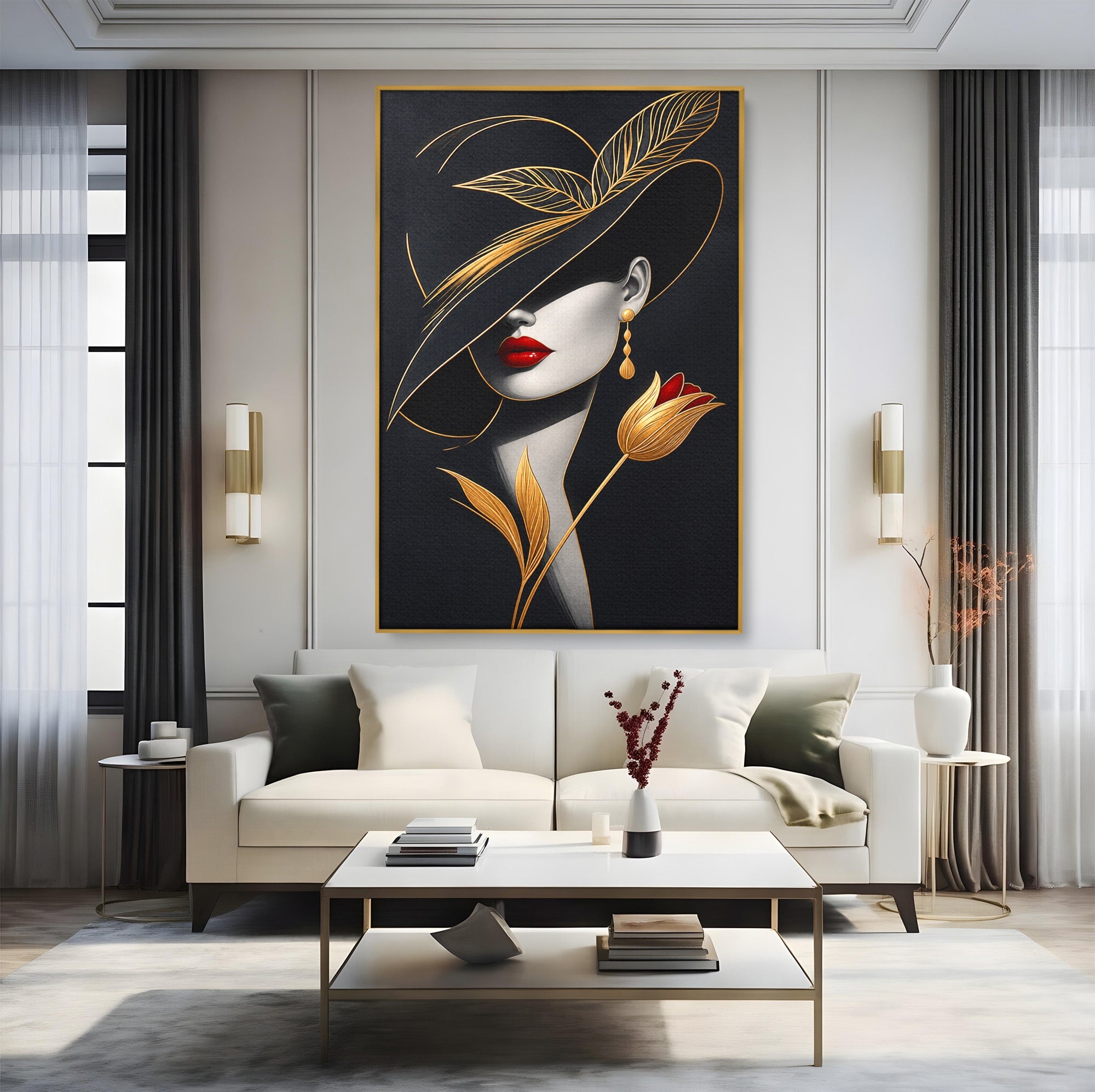 Tablou Canvas Premium LuxCanva® U1230, Seductie Sub Palarie, Femeie, Moda, Eleganta, Portret, Dormitor, Birou, Culori Vibrante