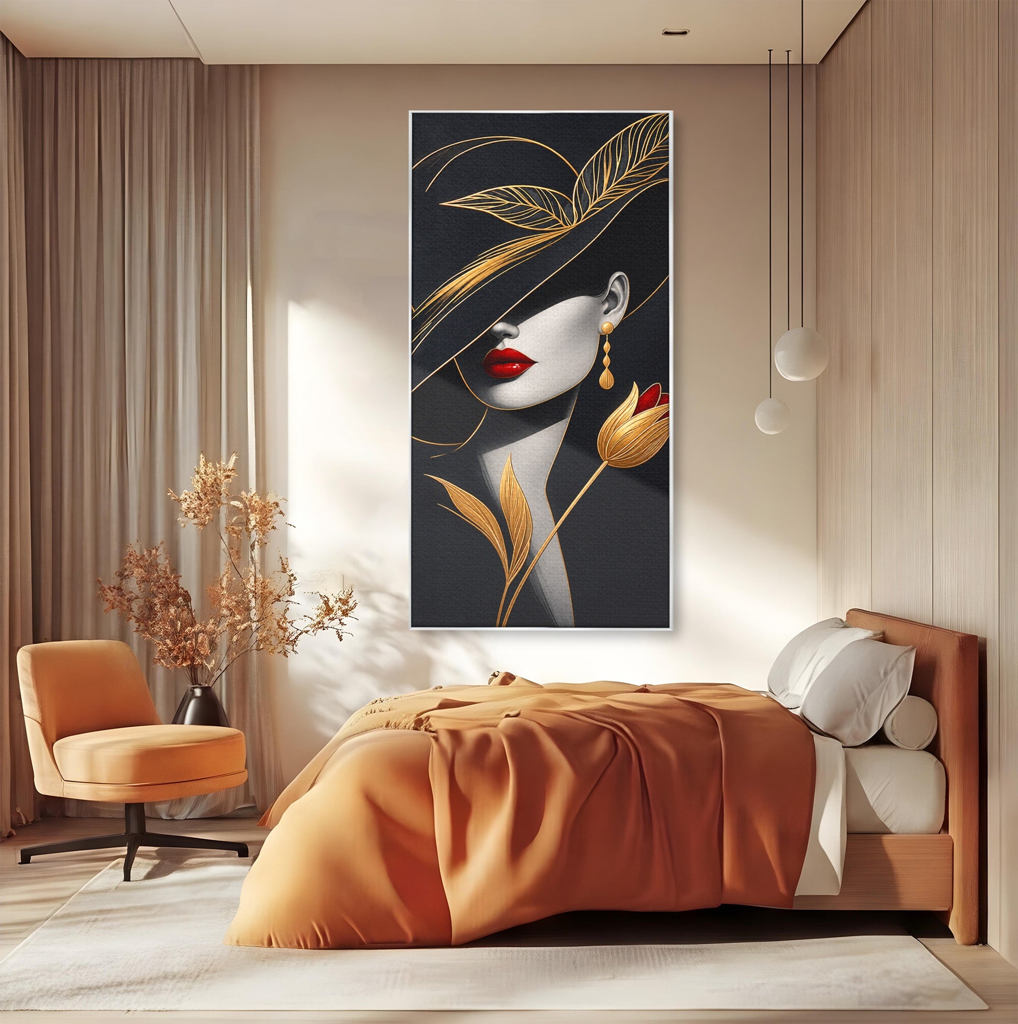 Tablou Canvas Premium LuxCanva® U1230, Seductie Sub Palarie, Femeie, Moda, Eleganta, Portret, Dormitor, Birou, Culori Vibrante