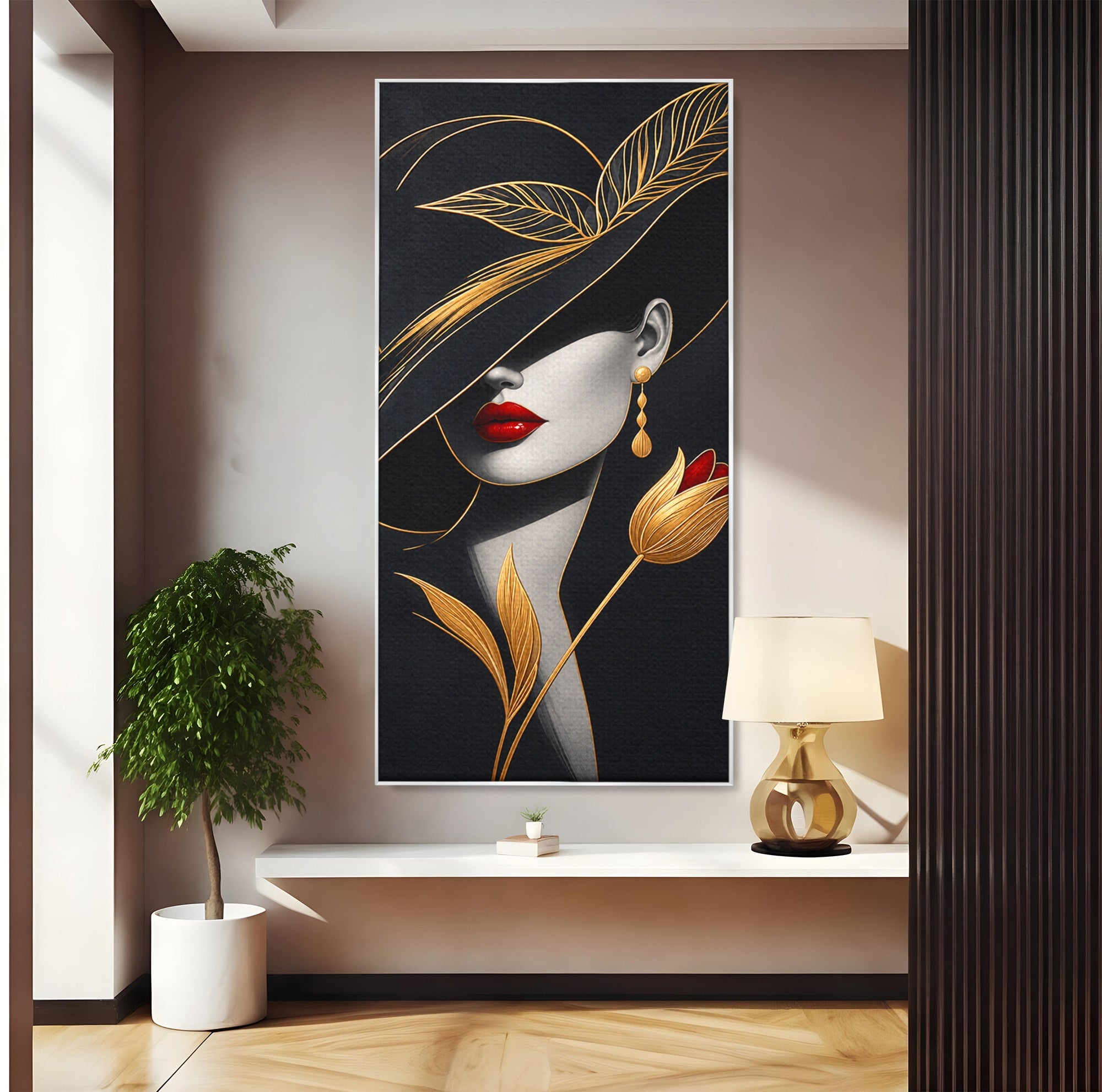 Tablou Canvas Premium LuxCanva® U1230, Seductie Sub Palarie, Femeie, Moda, Eleganta, Portret, Dormitor, Birou, Culori Vibrante