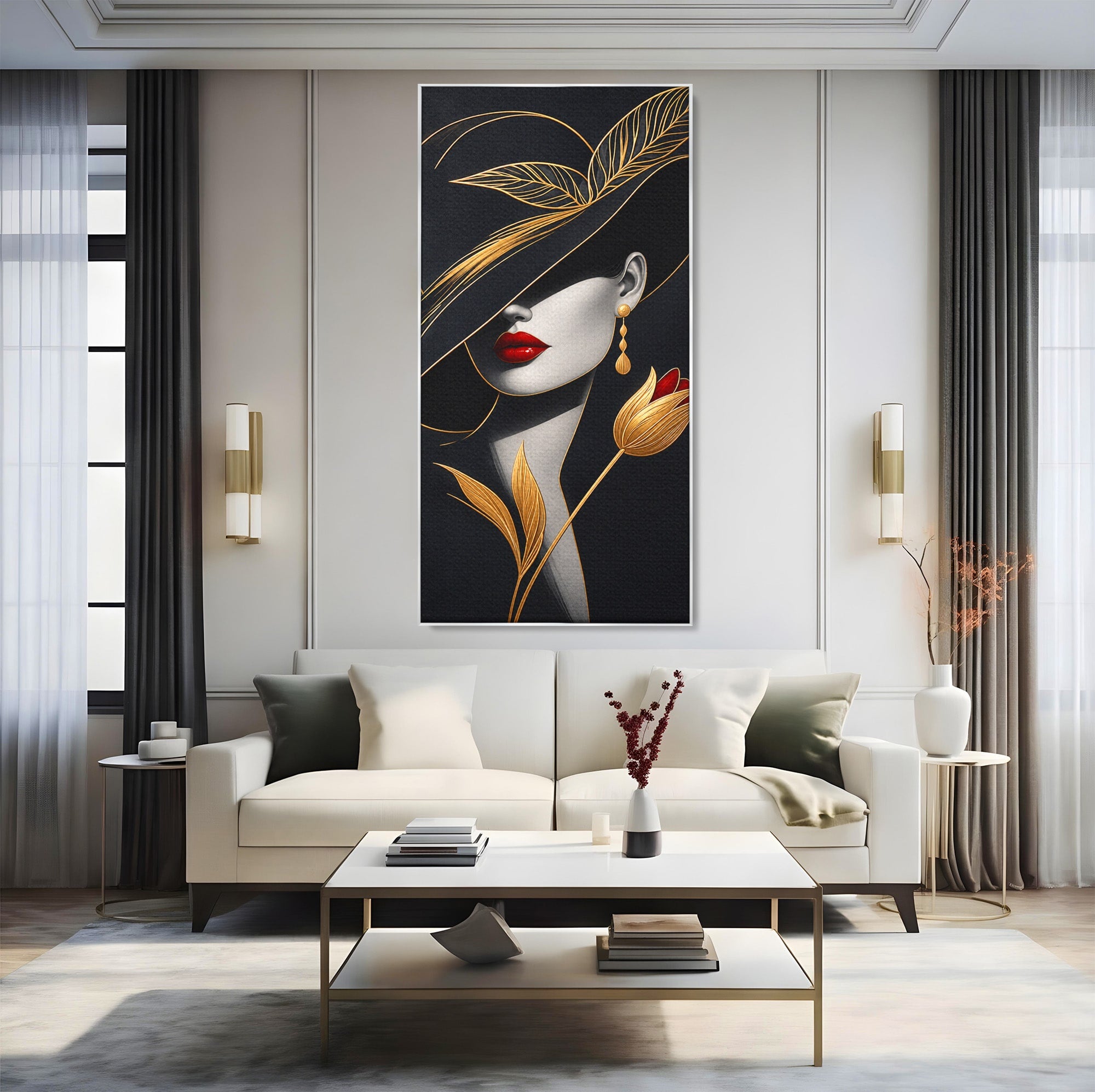 Tablou Canvas Premium LuxCanva® U1230, Seductie Sub Palarie, Femeie, Moda, Eleganta, Portret, Dormitor, Birou, Culori Vibrante
