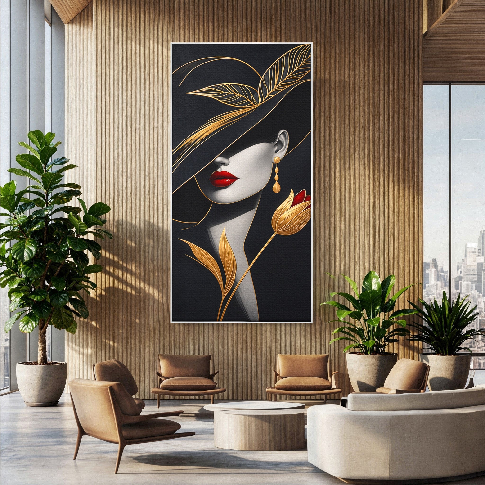 Tablou Canvas Premium LuxCanva® U1230, Seductie Sub Palarie, Femeie, Moda, Eleganta, Portret, Dormitor, Birou, Culori Vibrante