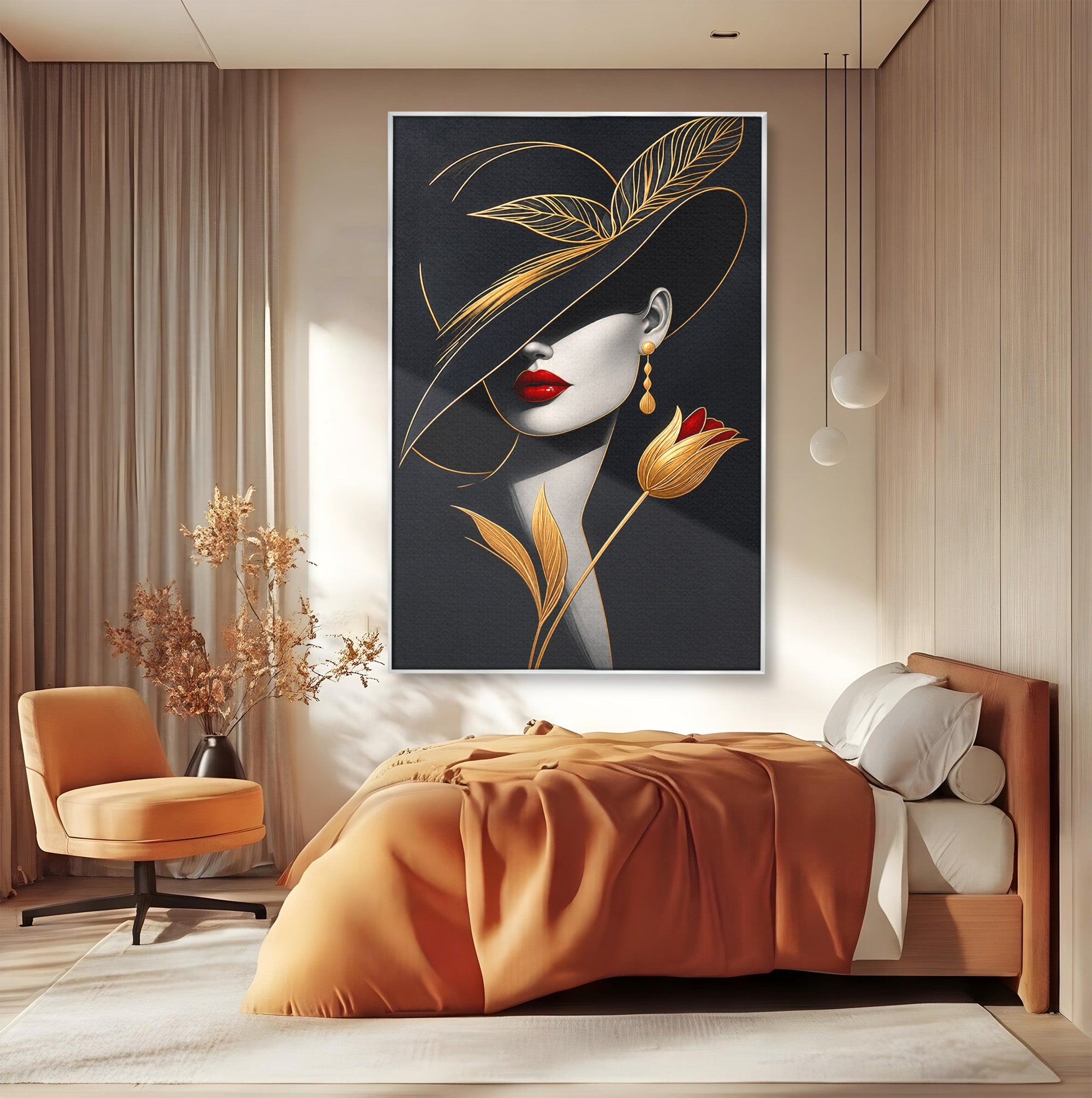 Tablou Canvas Premium LuxCanva® U1230, Seductie Sub Palarie, Femeie, Moda, Eleganta, Portret, Dormitor, Birou, Culori Vibrante