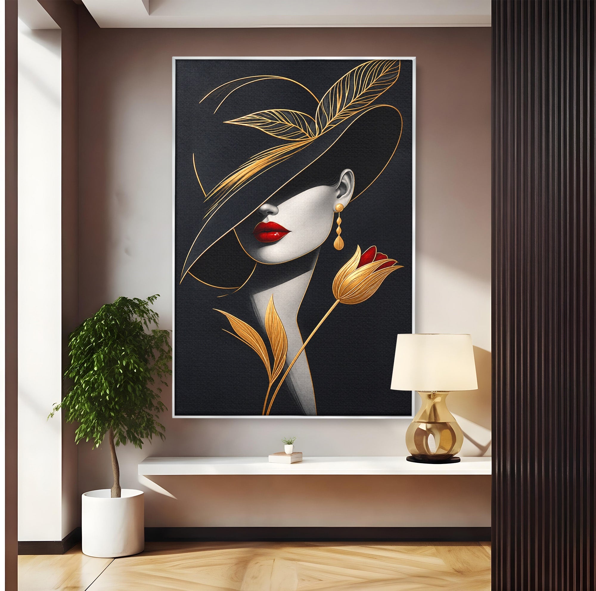 Tablou Canvas Premium LuxCanva® U1230, Seductie Sub Palarie, Femeie, Moda, Eleganta, Portret, Dormitor, Birou, Culori Vibrante