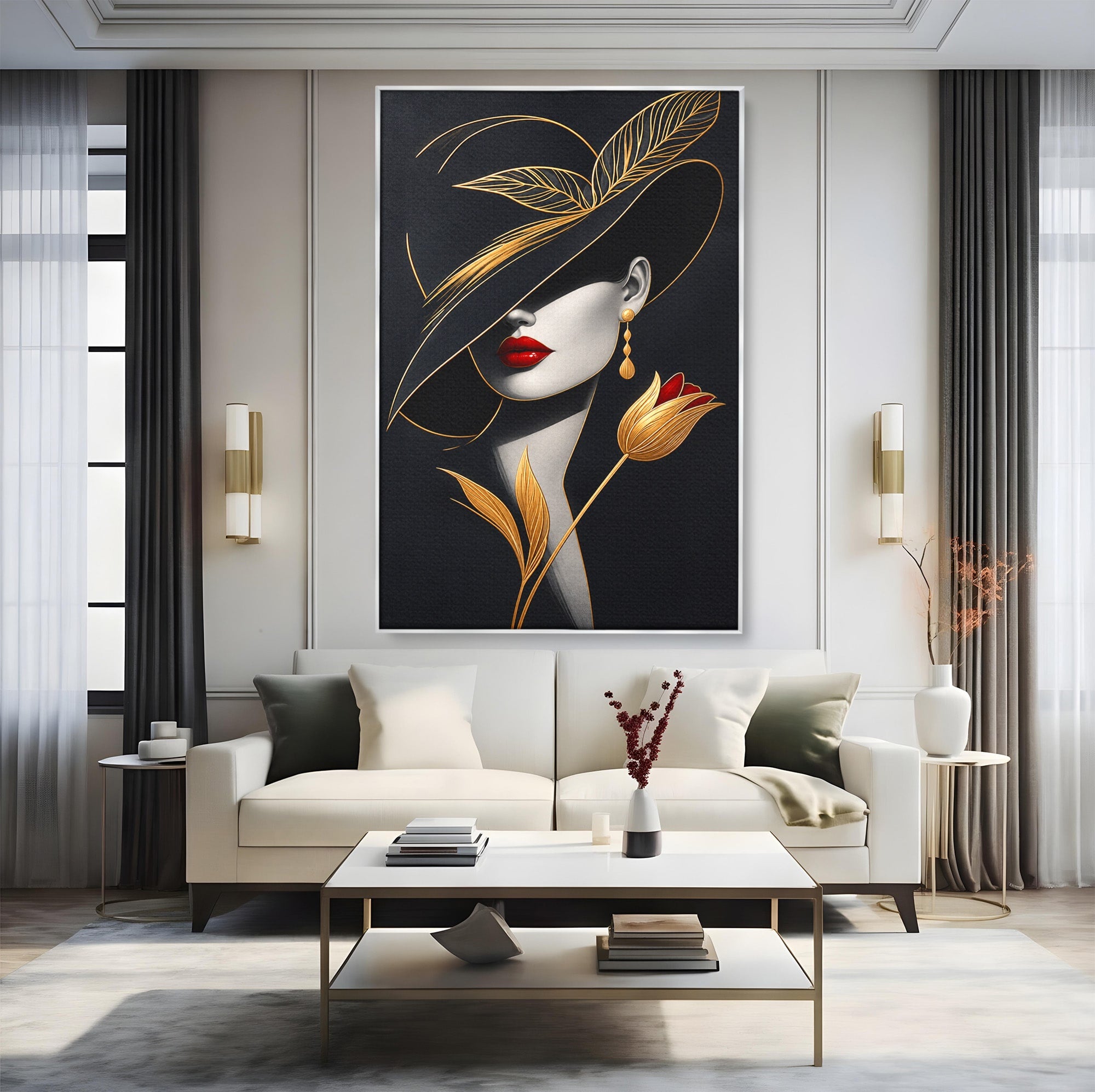 Tablou Canvas Premium LuxCanva® U1230, Seductie Sub Palarie, Femeie, Moda, Eleganta, Portret, Dormitor, Birou, Culori Vibrante