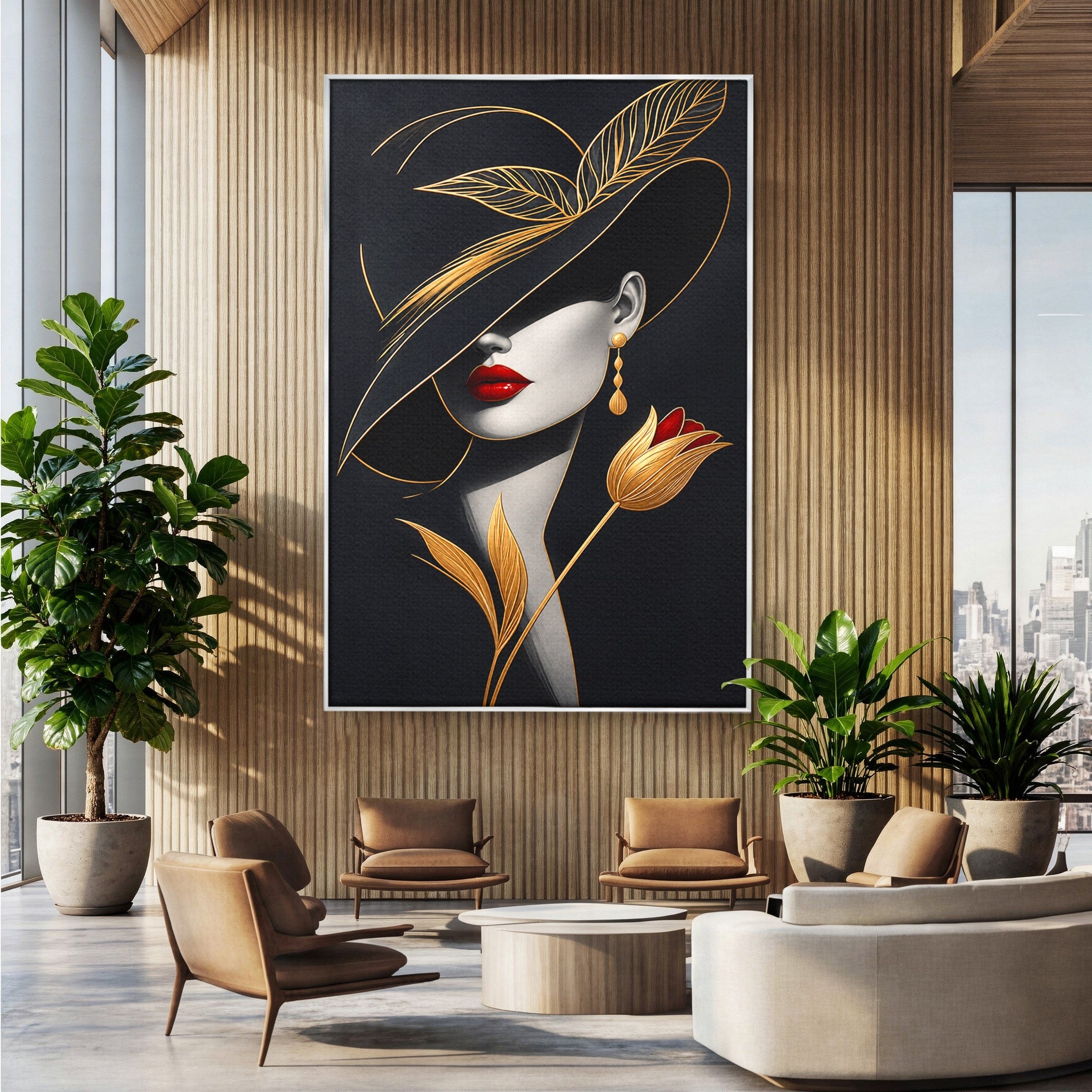 Tablou Canvas Premium LuxCanva® U1230, Seductie Sub Palarie, Femeie, Moda, Eleganta, Portret, Dormitor, Birou, Culori Vibrante