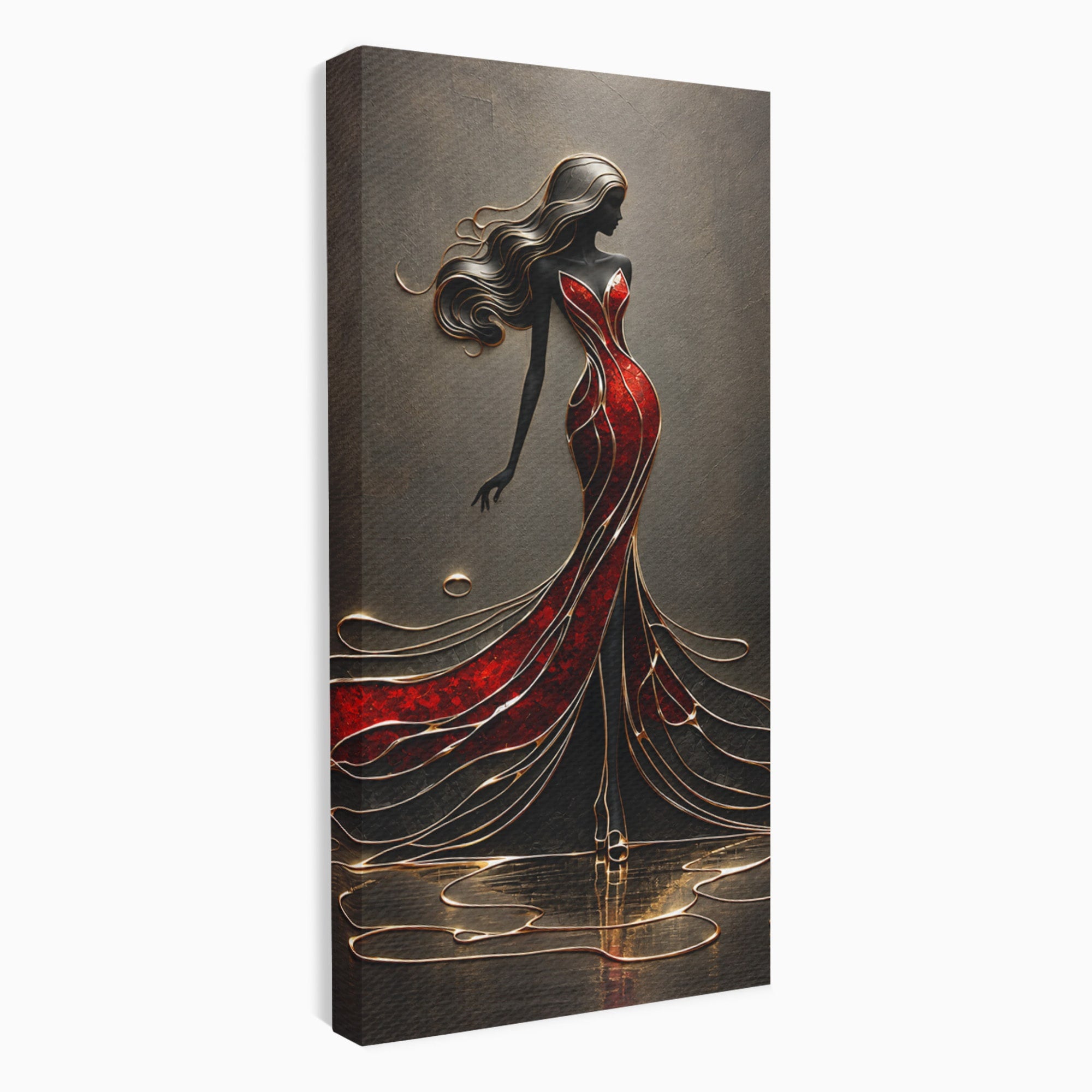 Tablou Canvas Premium LuxCanva® U1232, Dansatoare in Rosu, Femeie, Moda, Silhouette, Eleganta, Living, Culori Vibrante