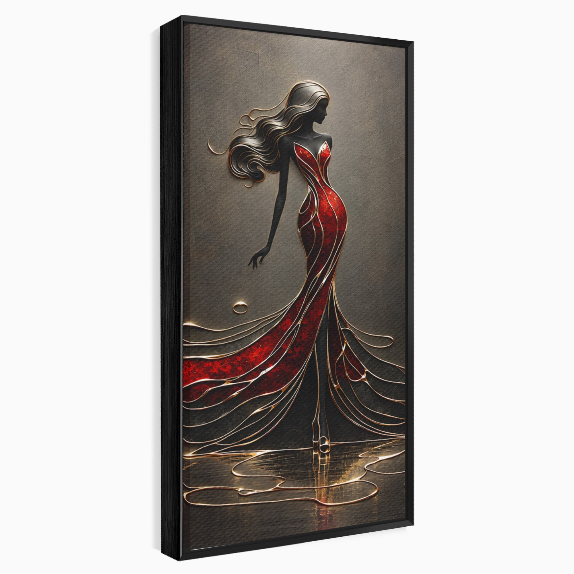 Tablou Canvas Premium LuxCanva® U1232, Dansatoare in Rosu, Femeie, Moda, Silhouette, Eleganta, Living, Culori Vibrante