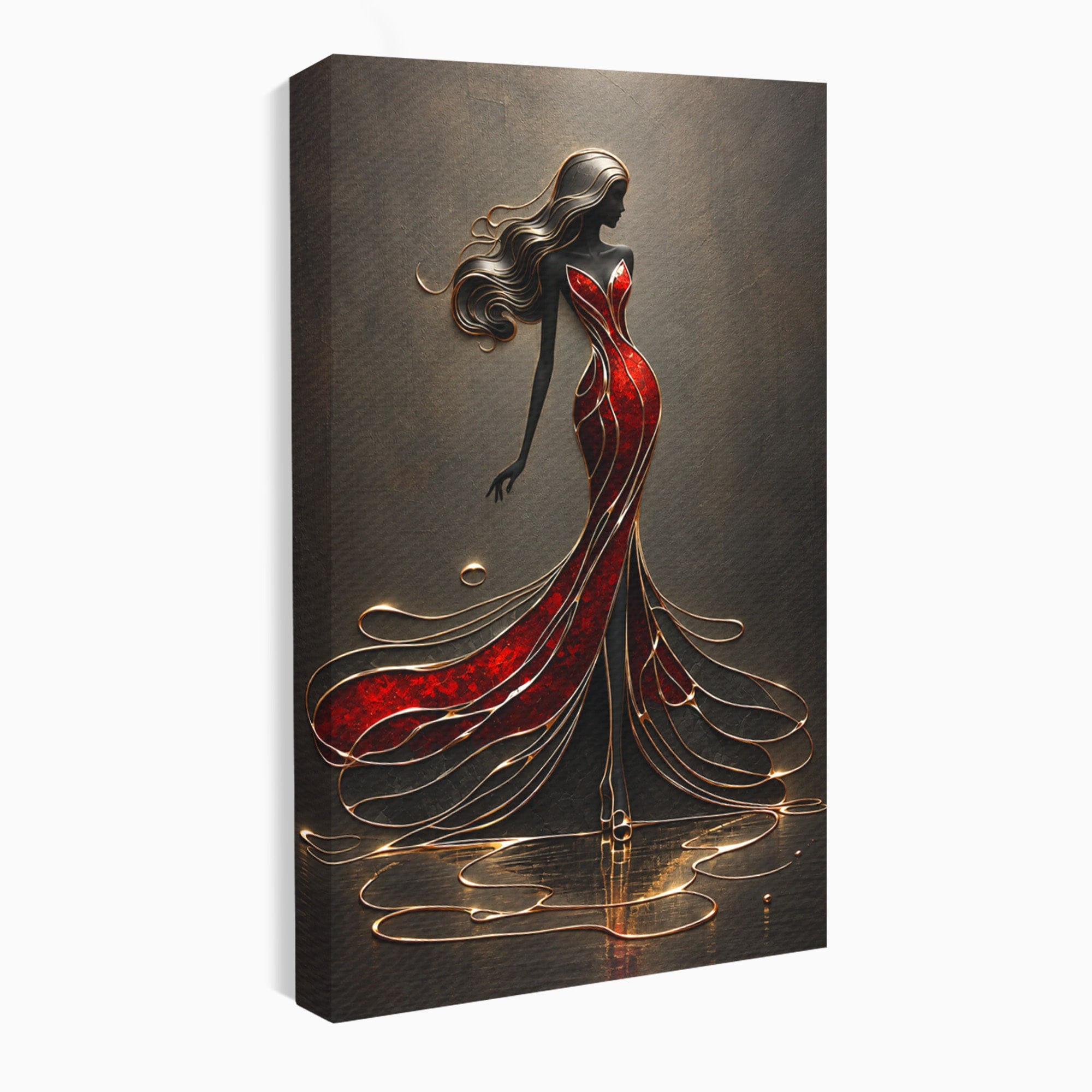 Tablou Canvas Premium LuxCanva® U1232, Dansatoare in Rosu, Femeie, Moda, Silhouette, Eleganta, Living, Culori Vibrante