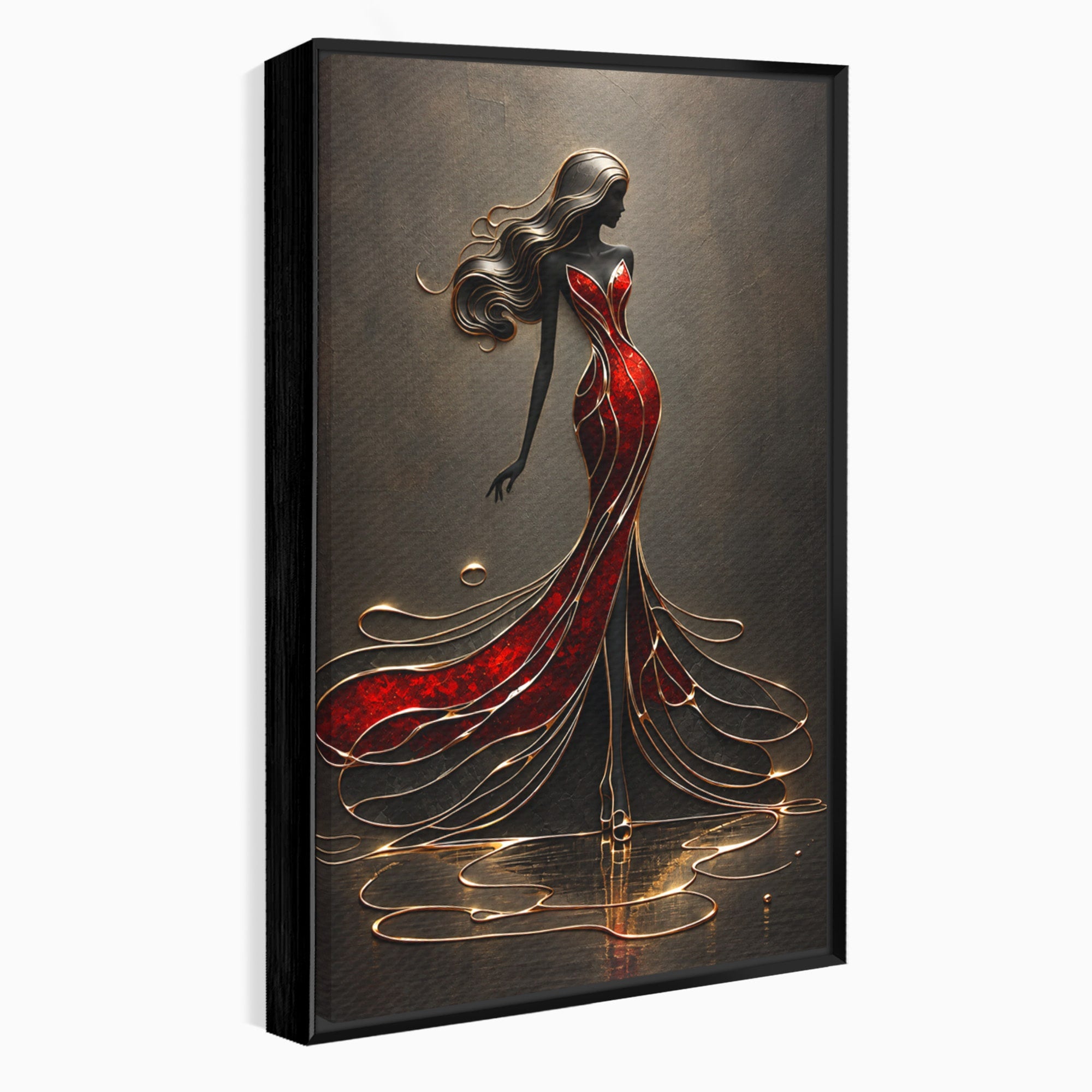 Tablou Canvas Premium LuxCanva® U1232, Dansatoare in Rosu, Femeie, Moda, Silhouette, Eleganta, Living, Culori Vibrante