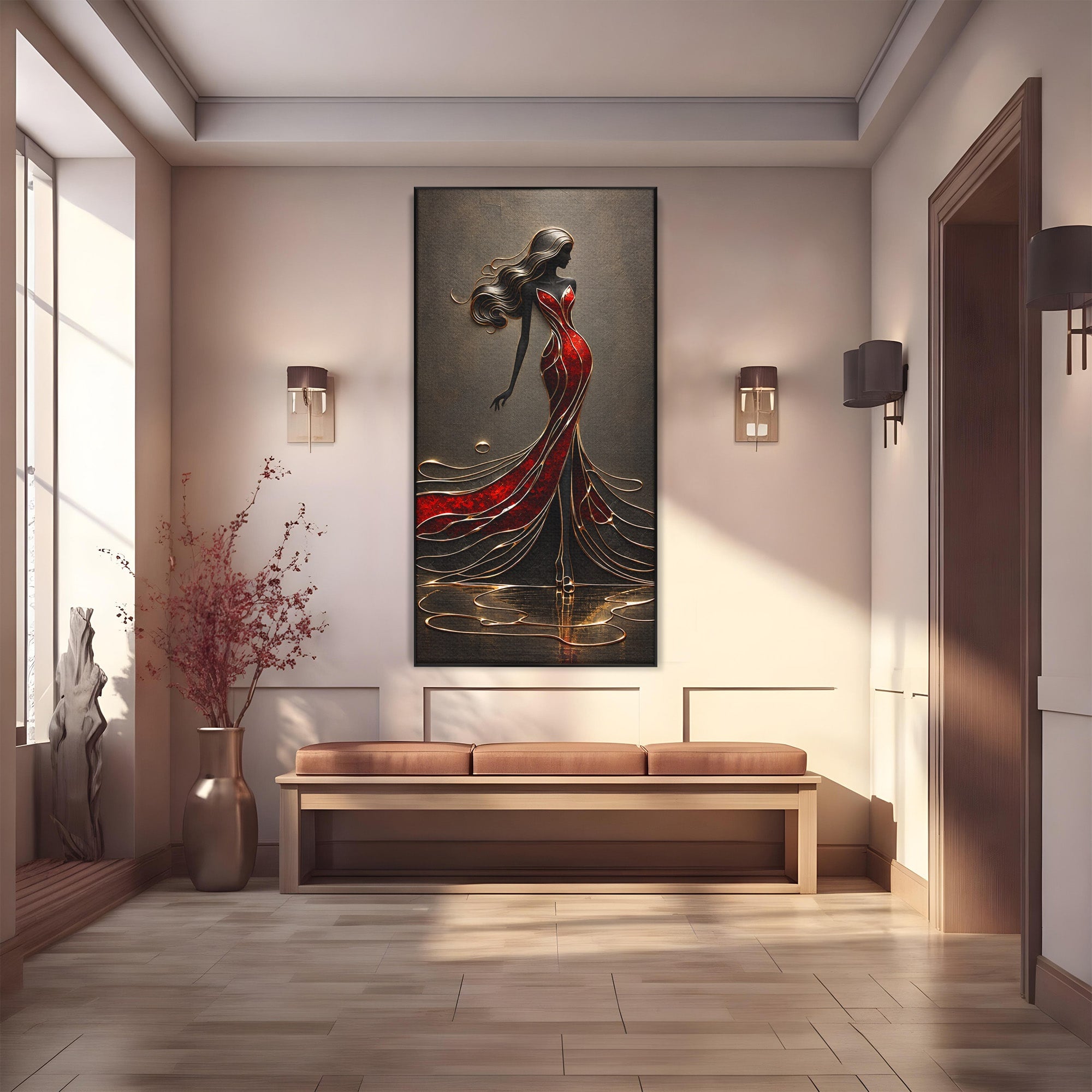 Tablou Canvas Premium LuxCanva® U1232, Dansatoare in Rosu, Femeie, Moda, Silhouette, Eleganta, Living, Culori Vibrante