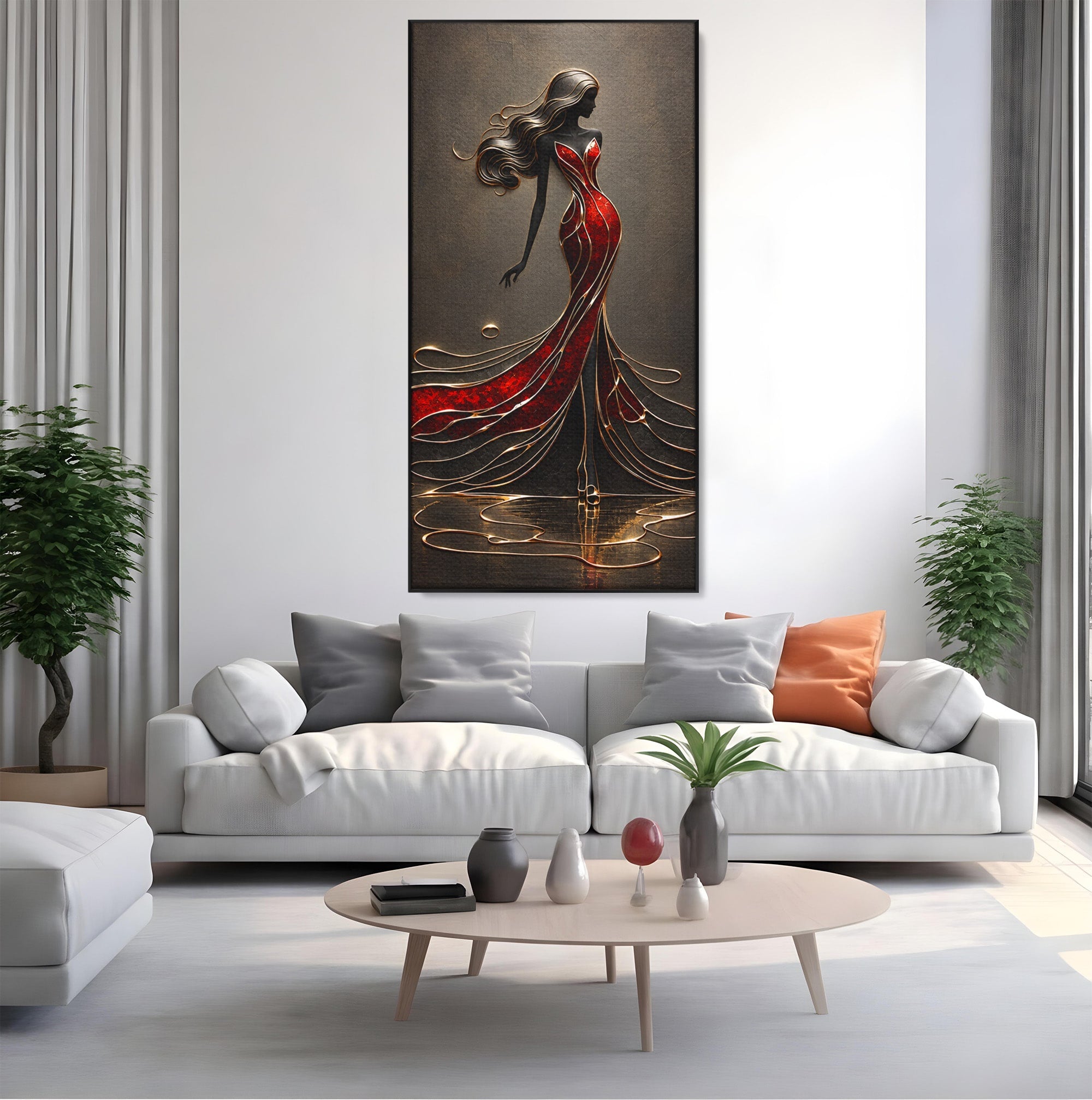 Tablou Canvas Premium LuxCanva® U1232, Dansatoare in Rosu, Femeie, Moda, Silhouette, Eleganta, Living, Culori Vibrante