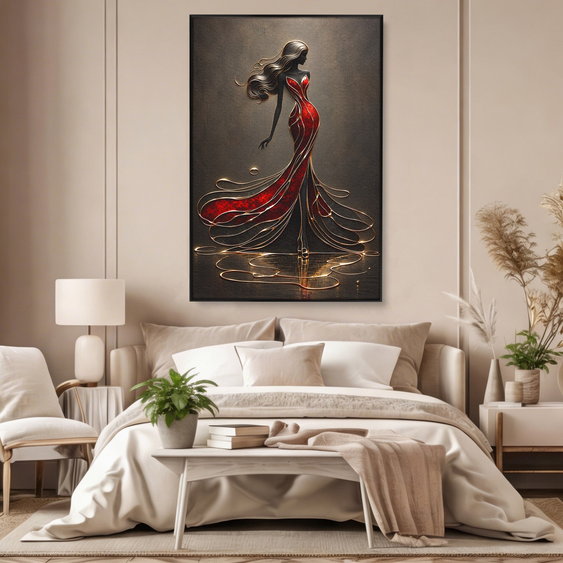 Tablou Canvas Premium LuxCanva® U1232, Dansatoare in Rosu, Femeie, Moda, Silhouette, Eleganta, Living, Culori Vibrante