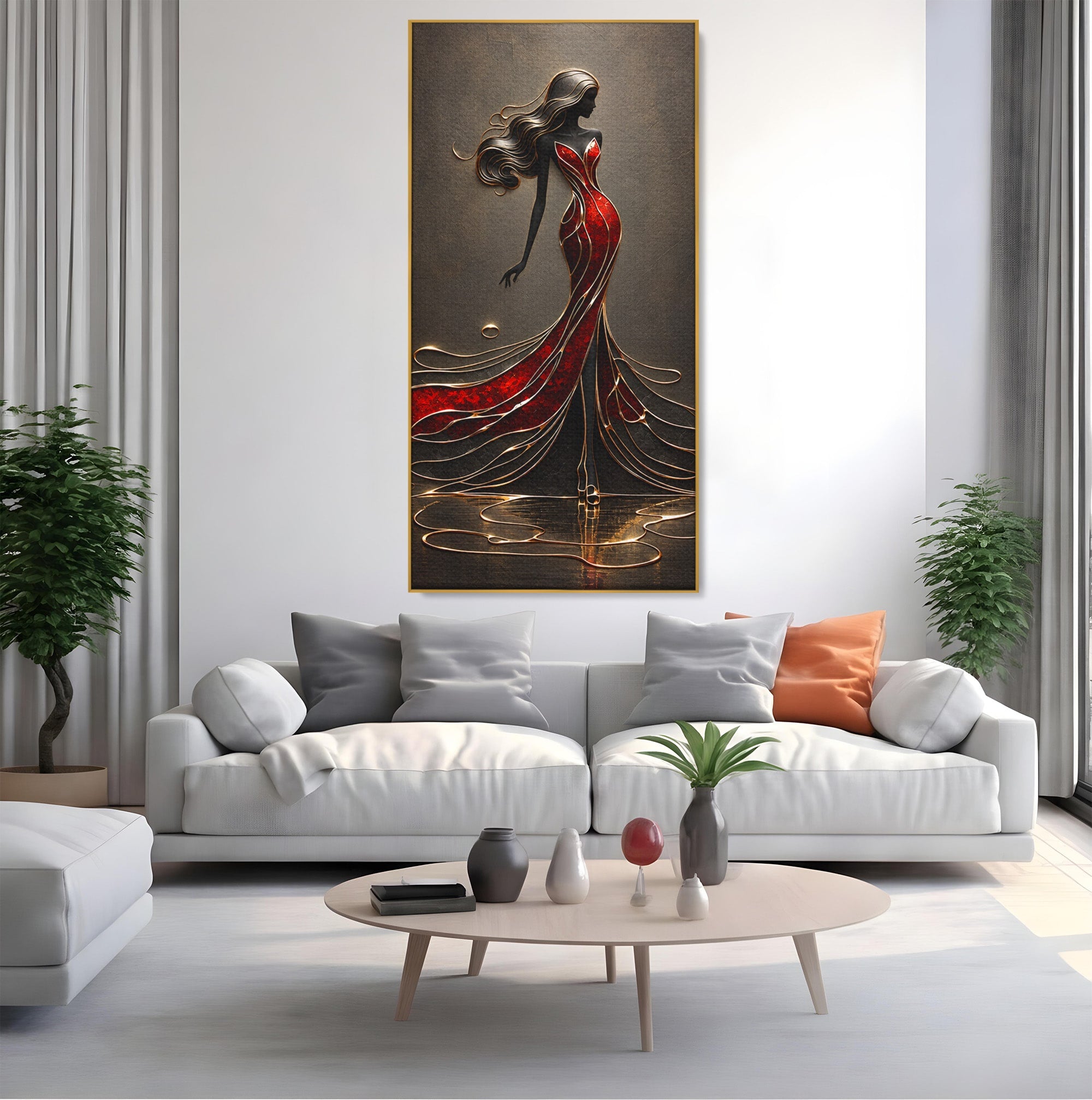 Tablou Canvas Premium LuxCanva® U1232, Dansatoare in Rosu, Femeie, Moda, Silhouette, Eleganta, Living, Culori Vibrante