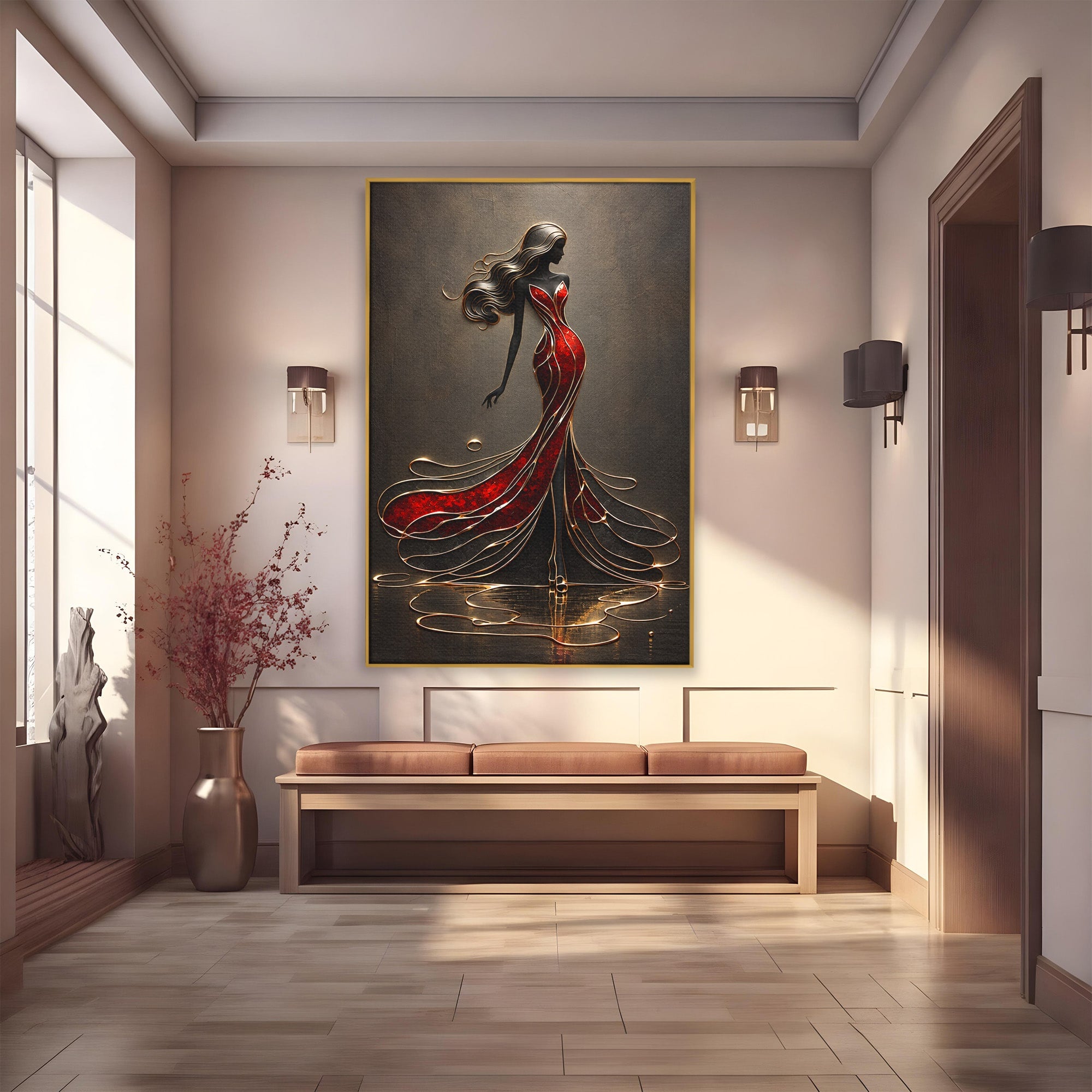 Tablou Canvas Premium LuxCanva® U1232, Dansatoare in Rosu, Femeie, Moda, Silhouette, Eleganta, Living, Culori Vibrante