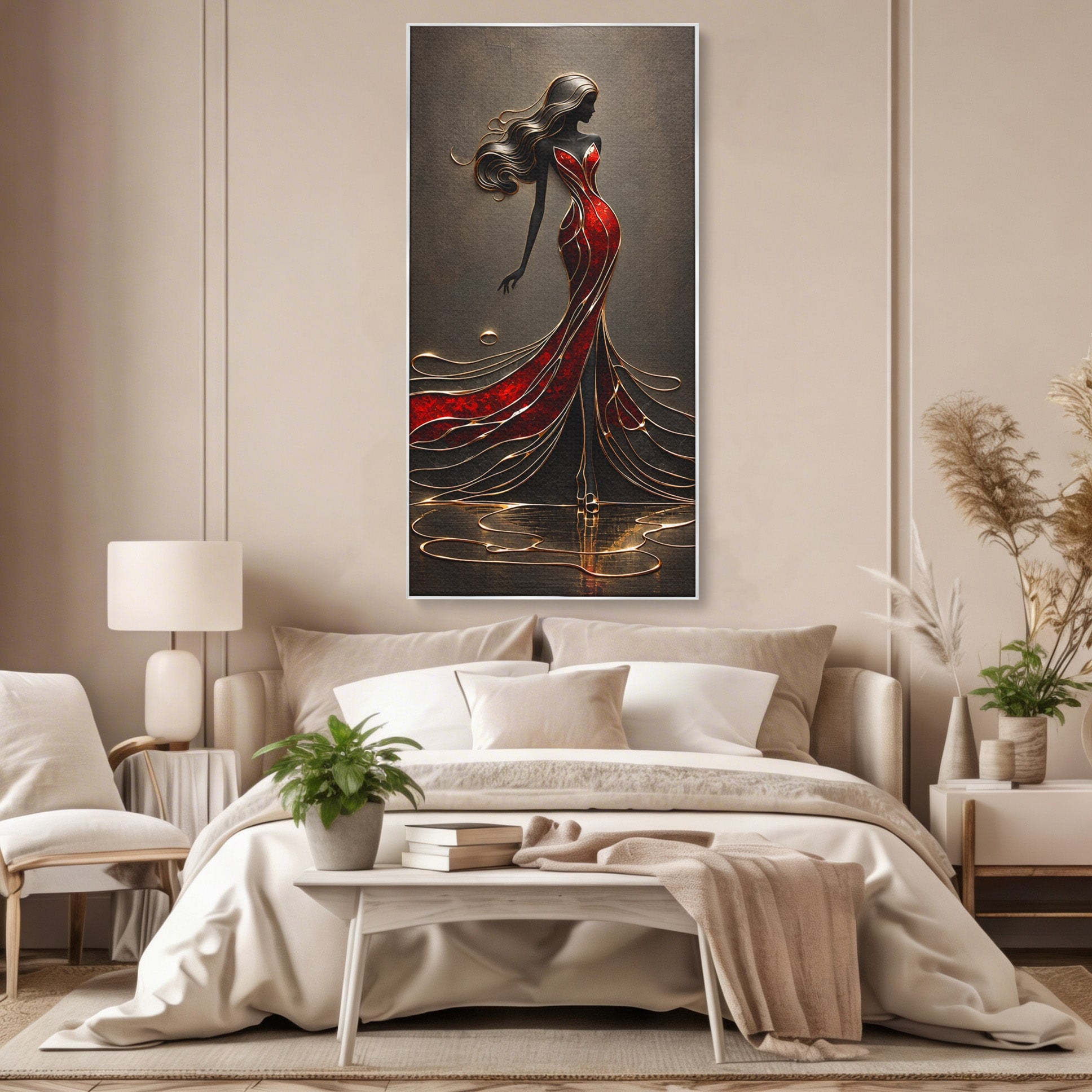 Tablou Canvas Premium LuxCanva® U1232, Dansatoare in Rosu, Femeie, Moda, Silhouette, Eleganta, Living, Culori Vibrante