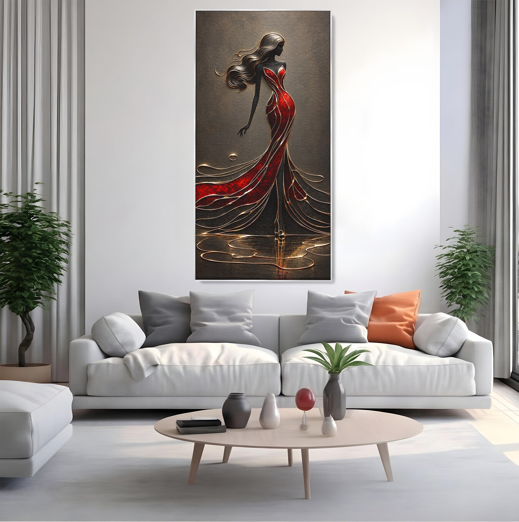 Tablou Canvas Premium LuxCanva® U1232, Dansatoare in Rosu, Femeie, Moda, Silhouette, Eleganta, Living, Culori Vibrante