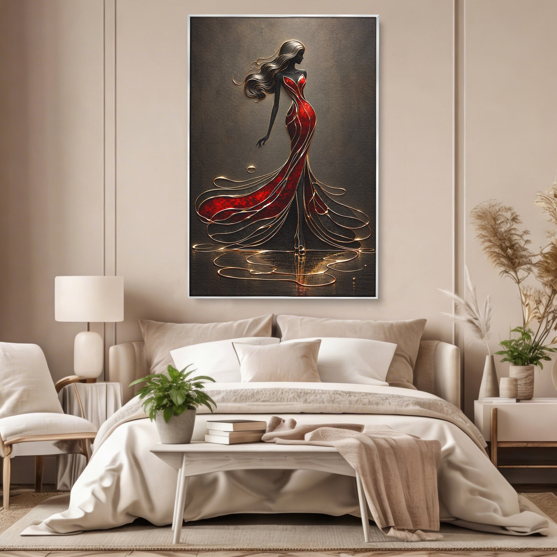 Tablou Canvas Premium LuxCanva® U1232, Dansatoare in Rosu, Femeie, Moda, Silhouette, Eleganta, Living, Culori Vibrante