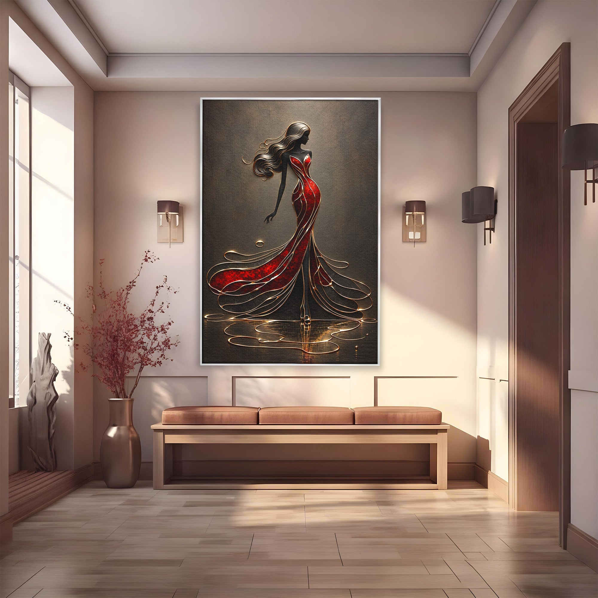 Tablou Canvas Premium LuxCanva® U1232, Dansatoare in Rosu, Femeie, Moda, Silhouette, Eleganta, Living, Culori Vibrante
