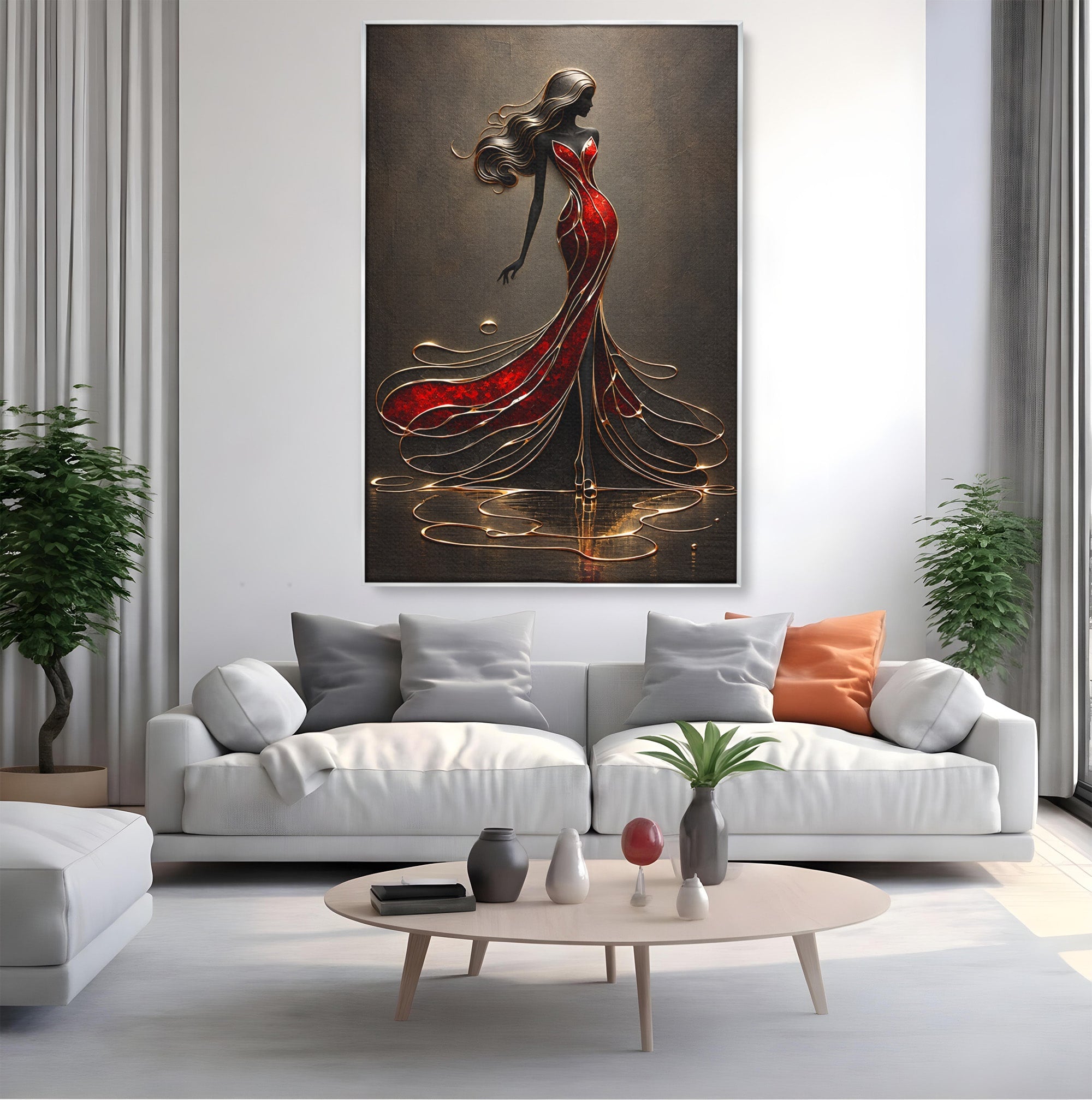 Tablou Canvas Premium LuxCanva® U1232, Dansatoare in Rosu, Femeie, Moda, Silhouette, Eleganta, Living, Culori Vibrante