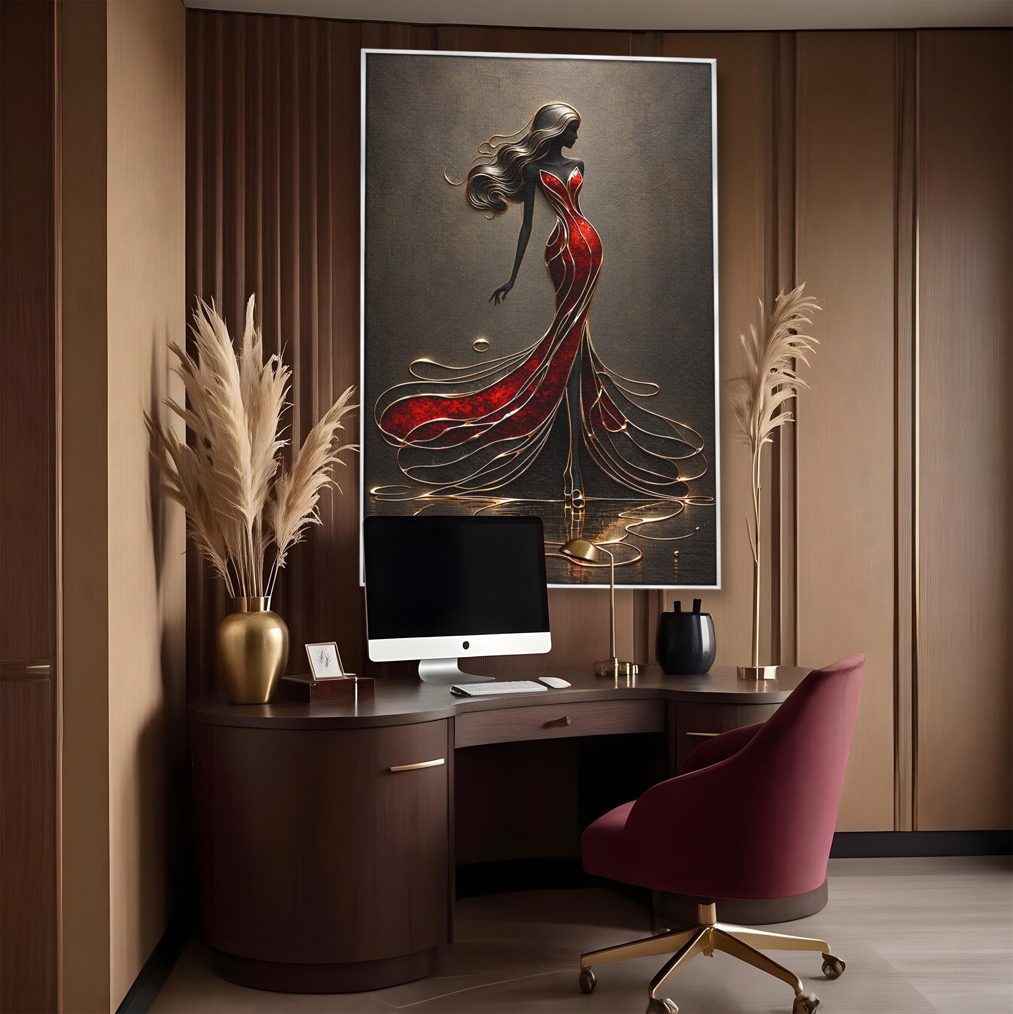 Tablou Canvas Premium LuxCanva® U1232, Dansatoare in Rosu, Femeie, Moda, Silhouette, Eleganta, Living, Culori Vibrante