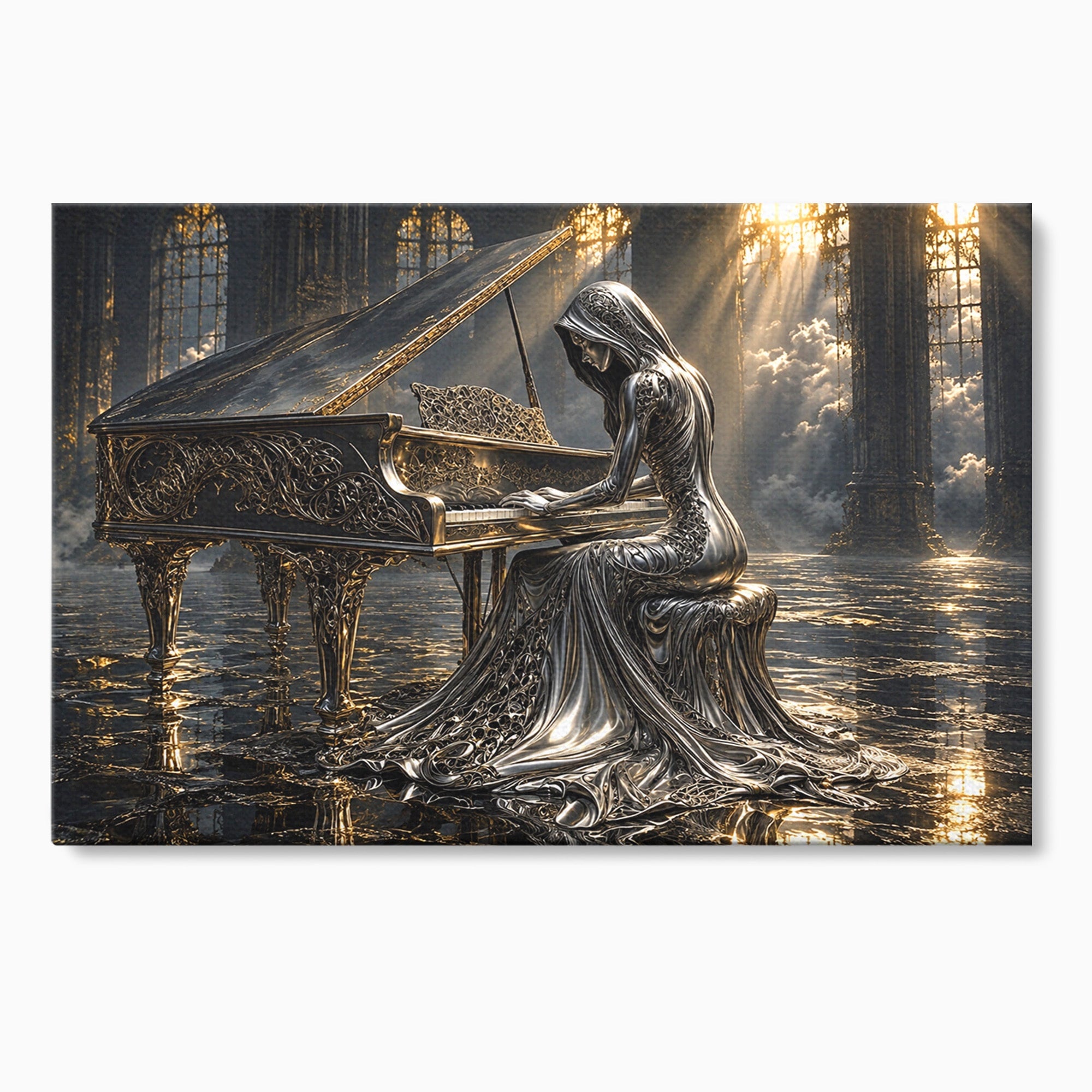 Tablou Canvas Premium LuxCanva® U1233, Pianista de Argint, Muzica, Fantezie, Pianista, Argint, Living, Culori Vibrante